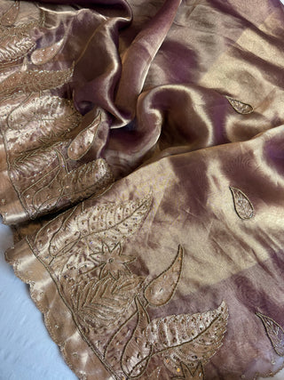 Husn dusty lavender tissue silk heavy hand embroidered saree
