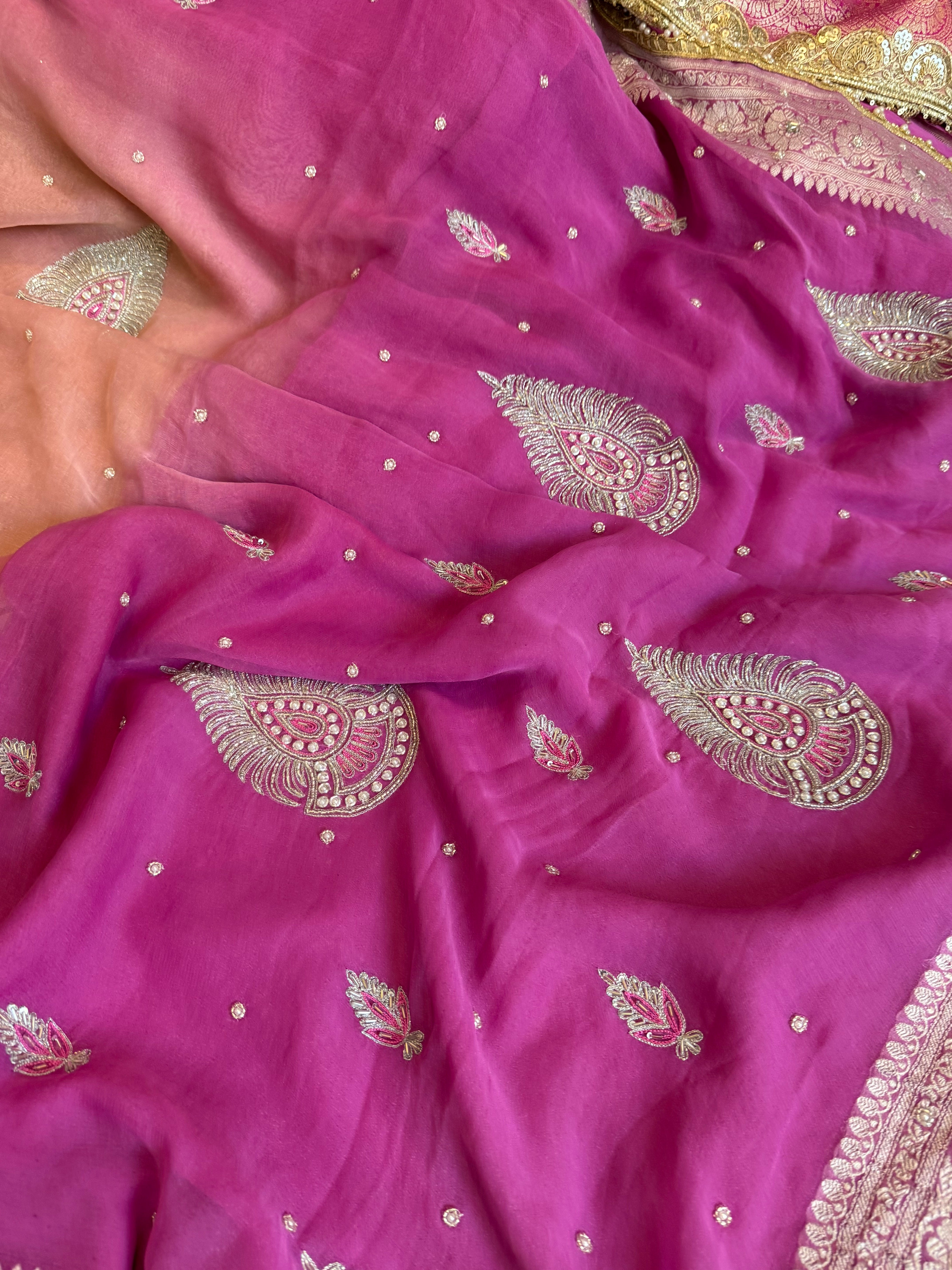 Paro banarasi chiffon gorgette hand embroidered kadhwa saree