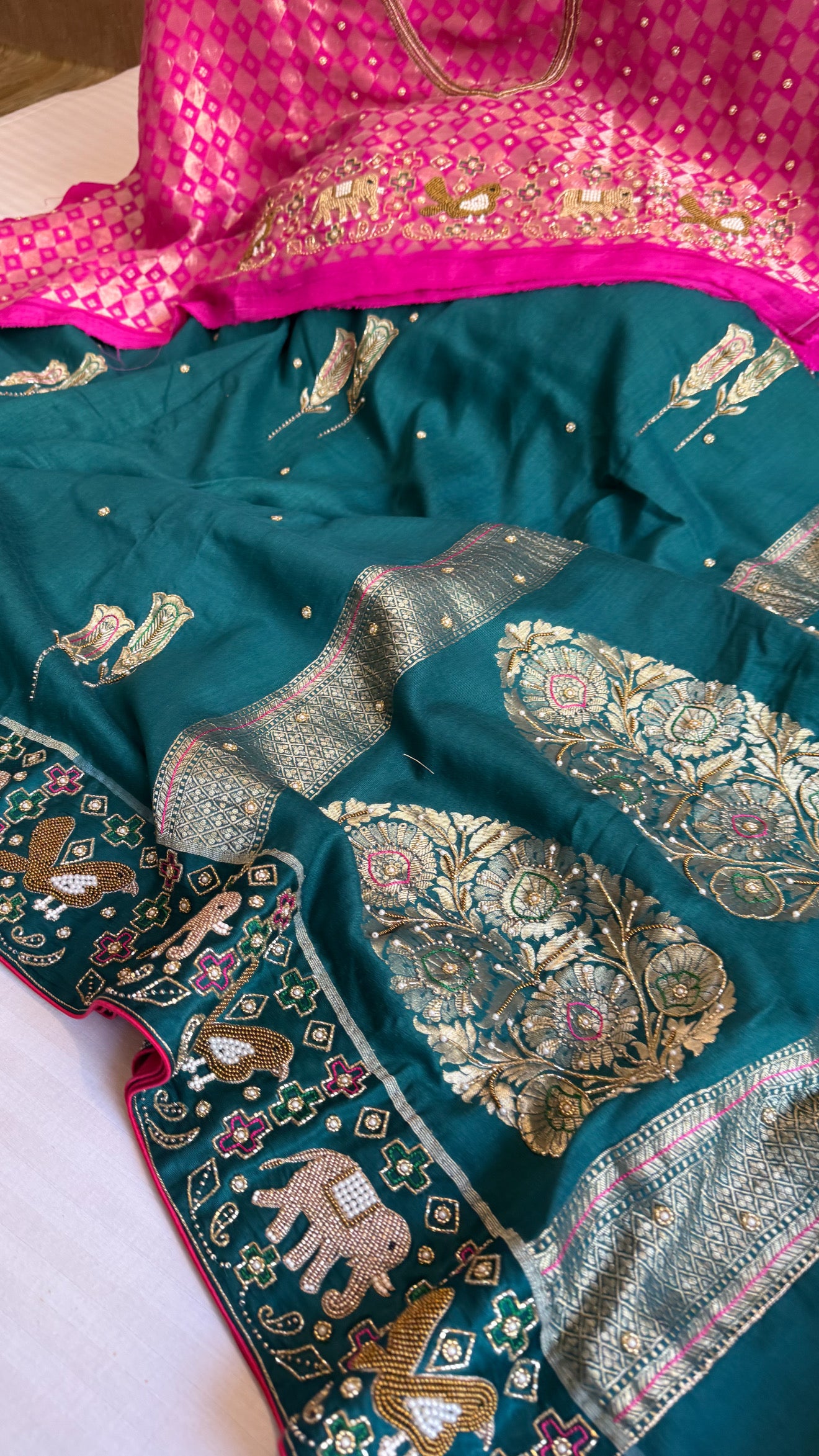 Moonga silk ikkat patola weaving inspired hand embroidered kadhwa saree