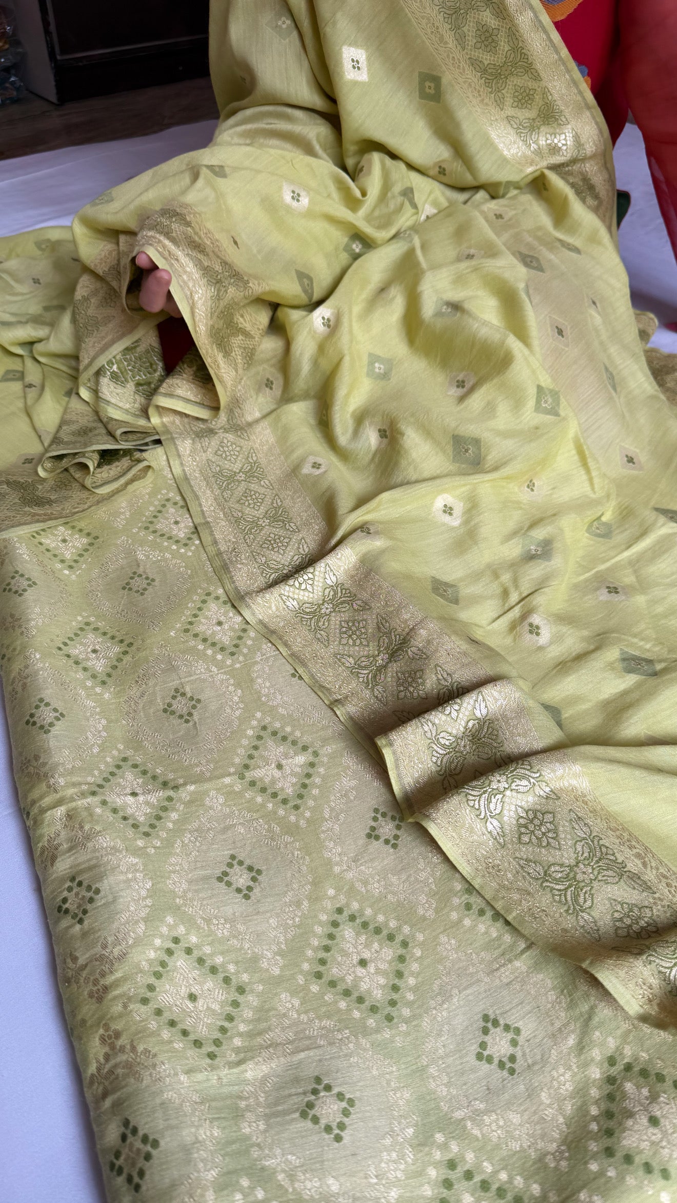 Lime green moonga silk bandhej weaving kadhwa suit set