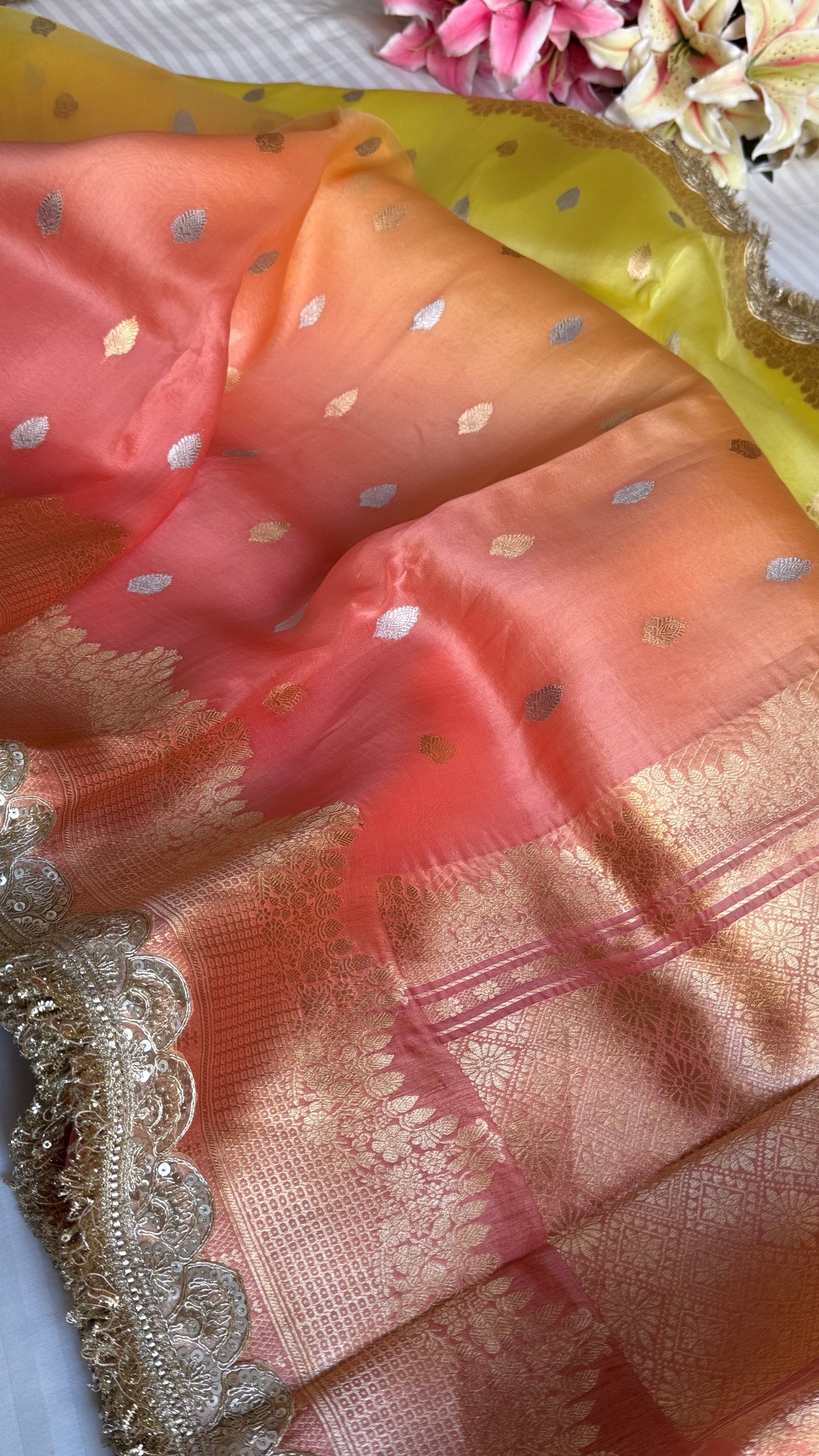 4D shaded multicoloured kora silk banarasi kadhwa saree