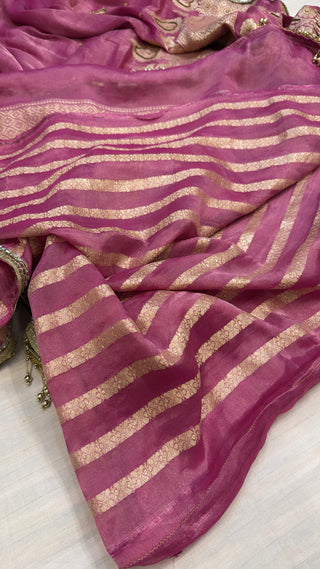 Hot pink tissue gorgette kadhwa weaving hand embroidered saree