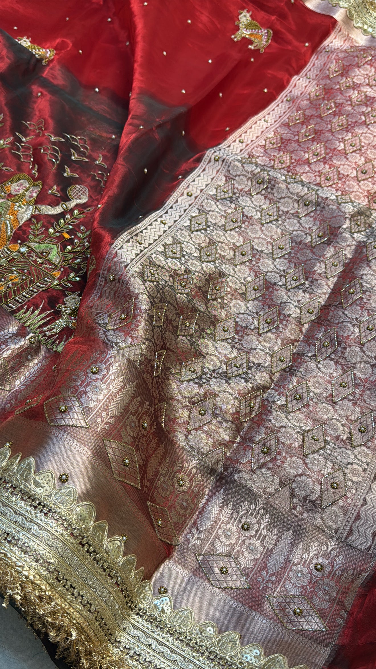 Dulhan ka joda husn red tissue silk hand embroidered kadhwa saree