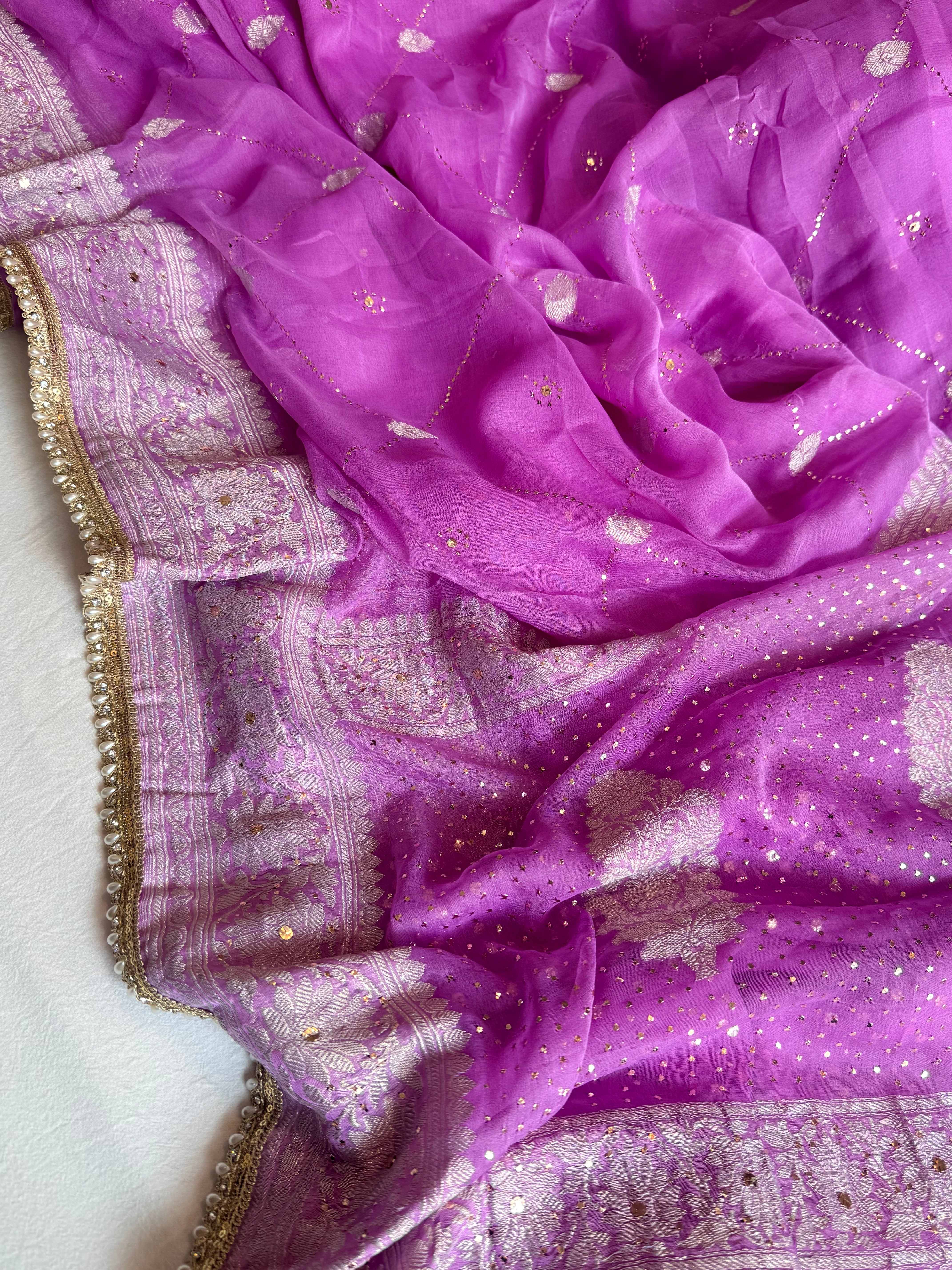 Chiffon gorgette banarasi violet mukaish work hand embroidered saree
