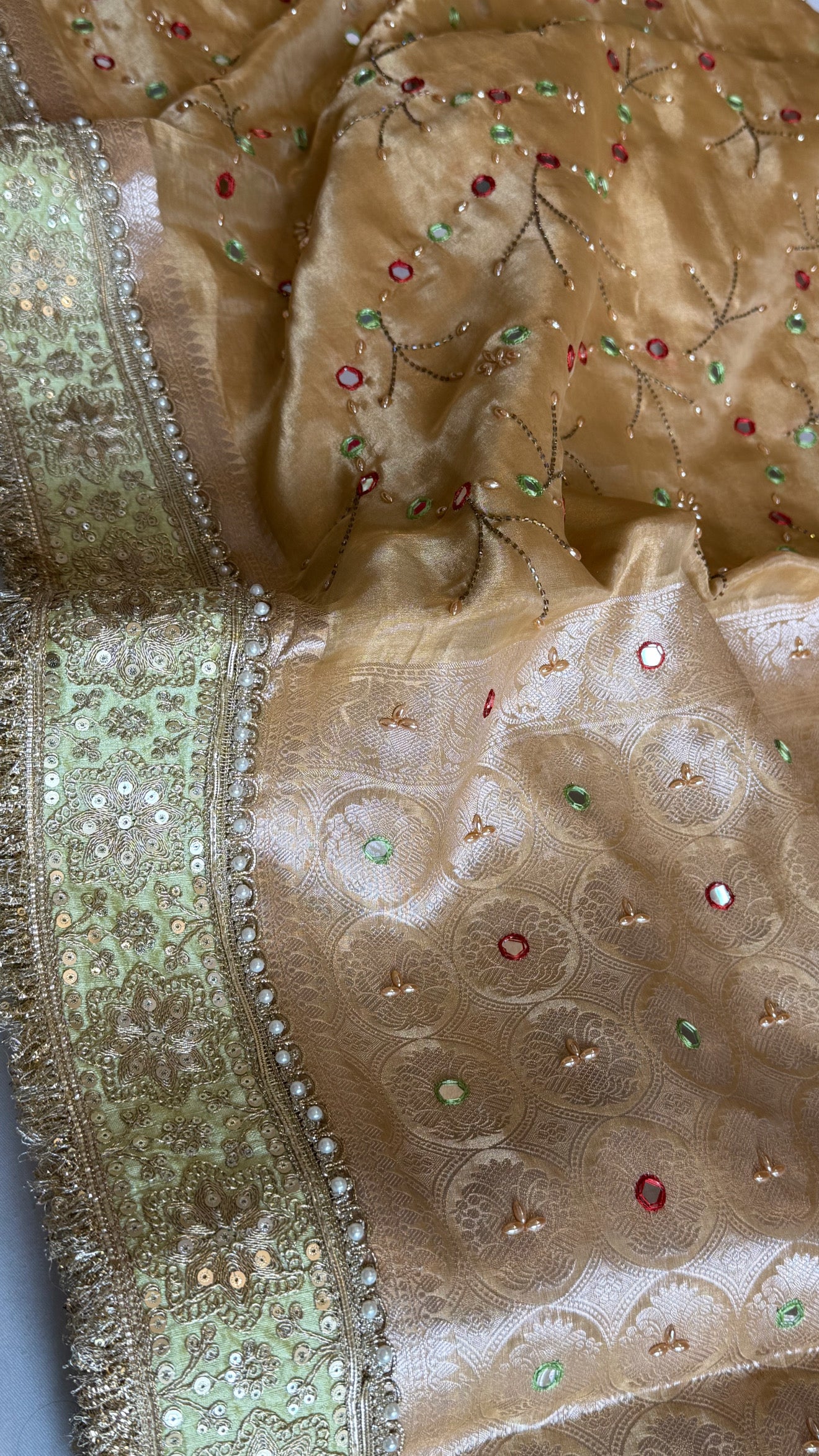 Sheesham edit - Heavy double tissue silk mirror work hand embroidered saree