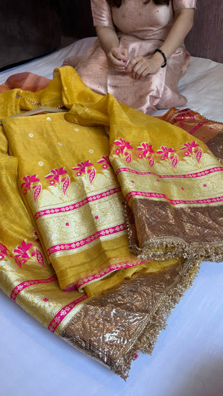 Haldi yellow linen tissue silk suit set