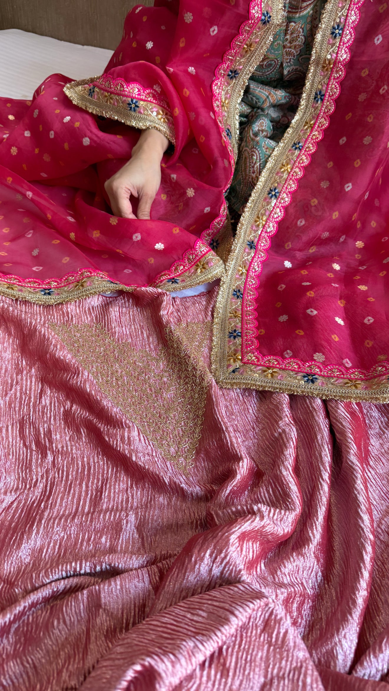 Hot pink diamond crushed tissue silk hand embroidered suit set