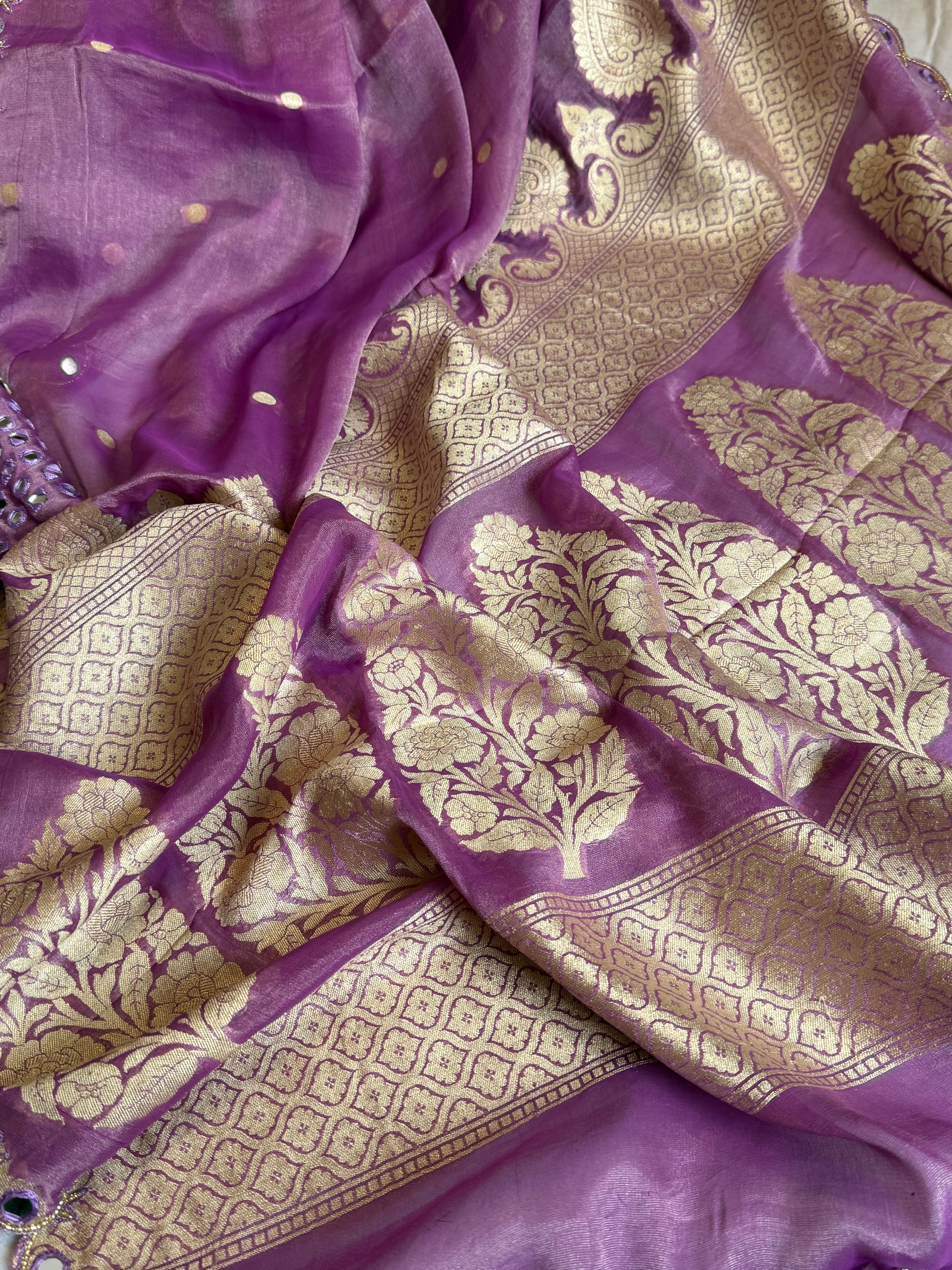 Deep purple tissue gorgette kadhwa hand embroidered saree