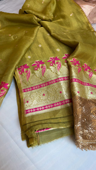 Mehendi green linen tissue silk suit set