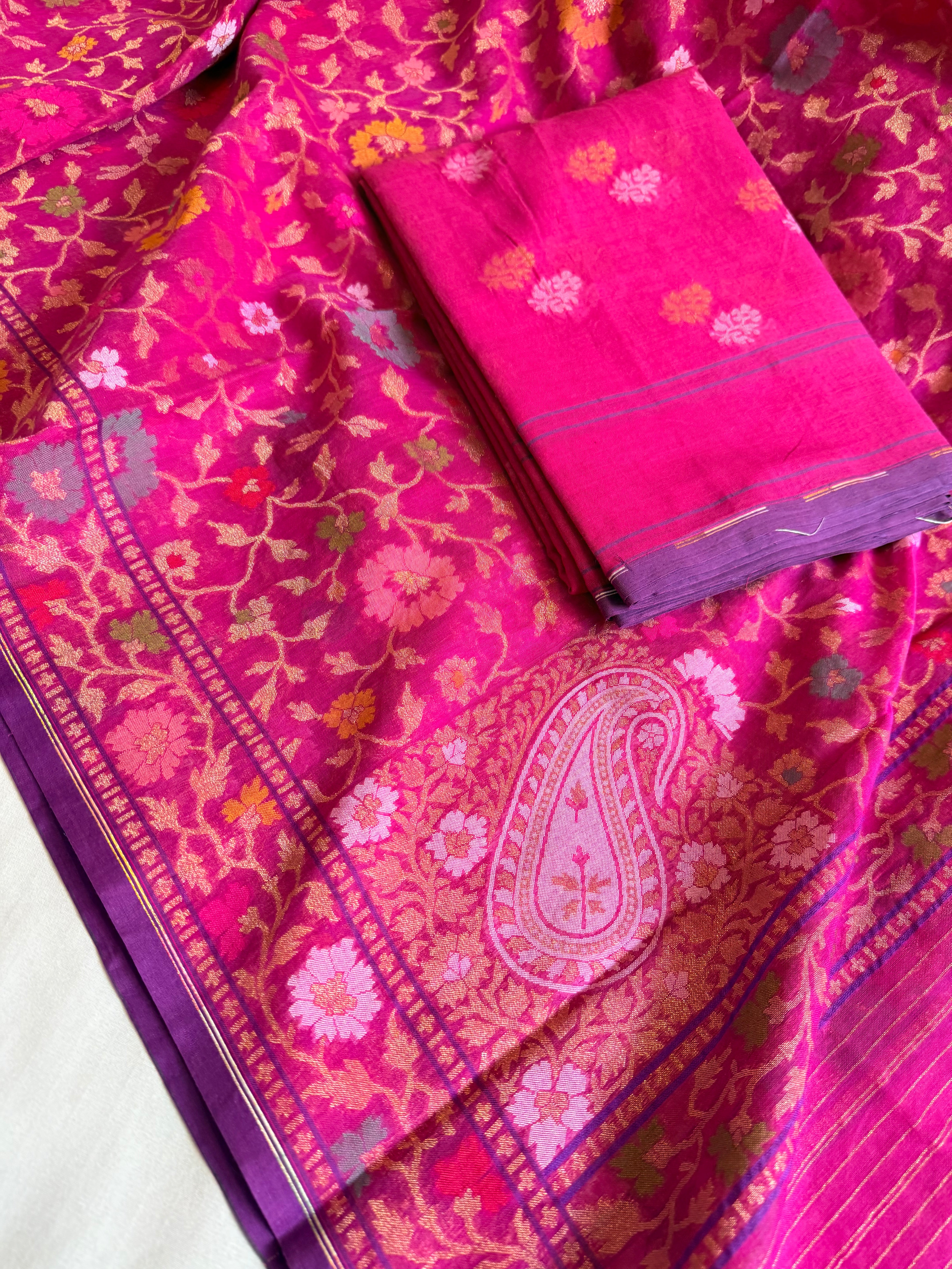 Banarasi iktara jamdani rani pink sona rupa kadhwa suit set