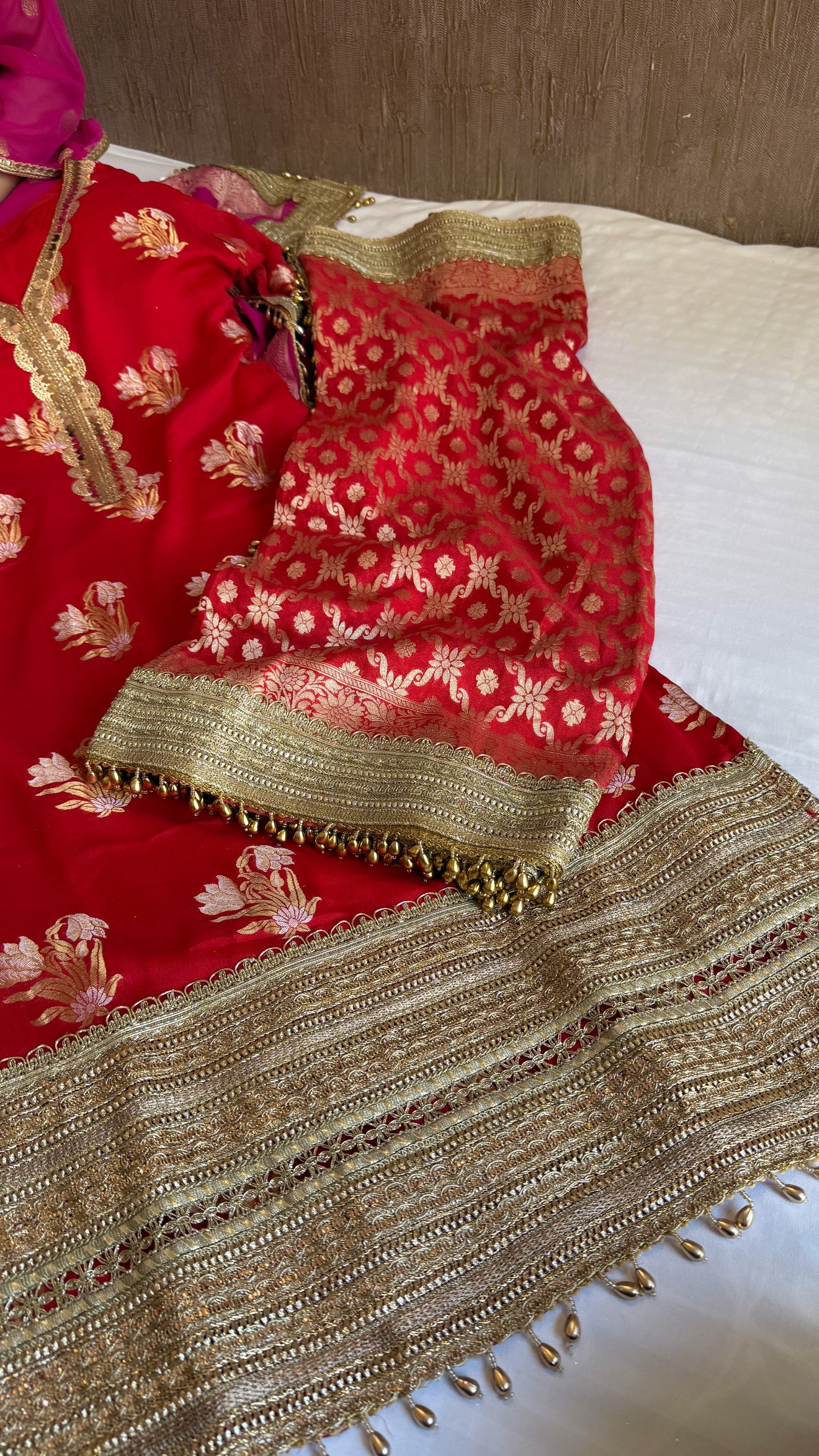 Pakistani drama inspired blood red banarasi gorgette semi-stitched kadhwa gotapatti suit set