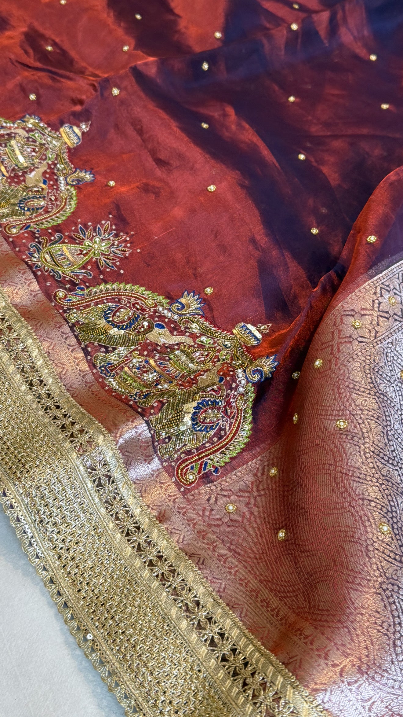Hathi , ghoda aur palki wali saree - Husn tissue silk hand embroidered saree