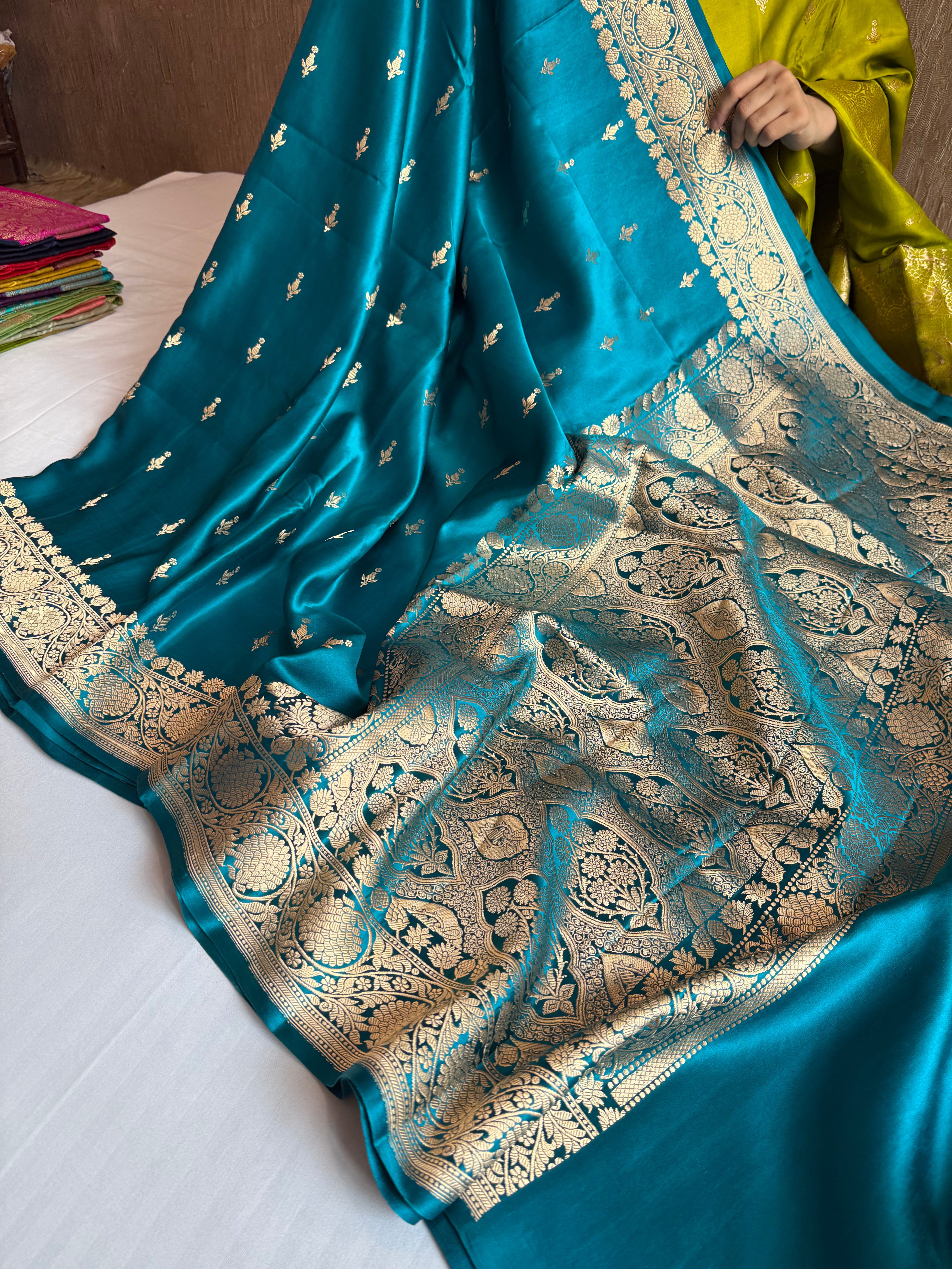 Teal shade banarasi mashru silk kadhwa border saree