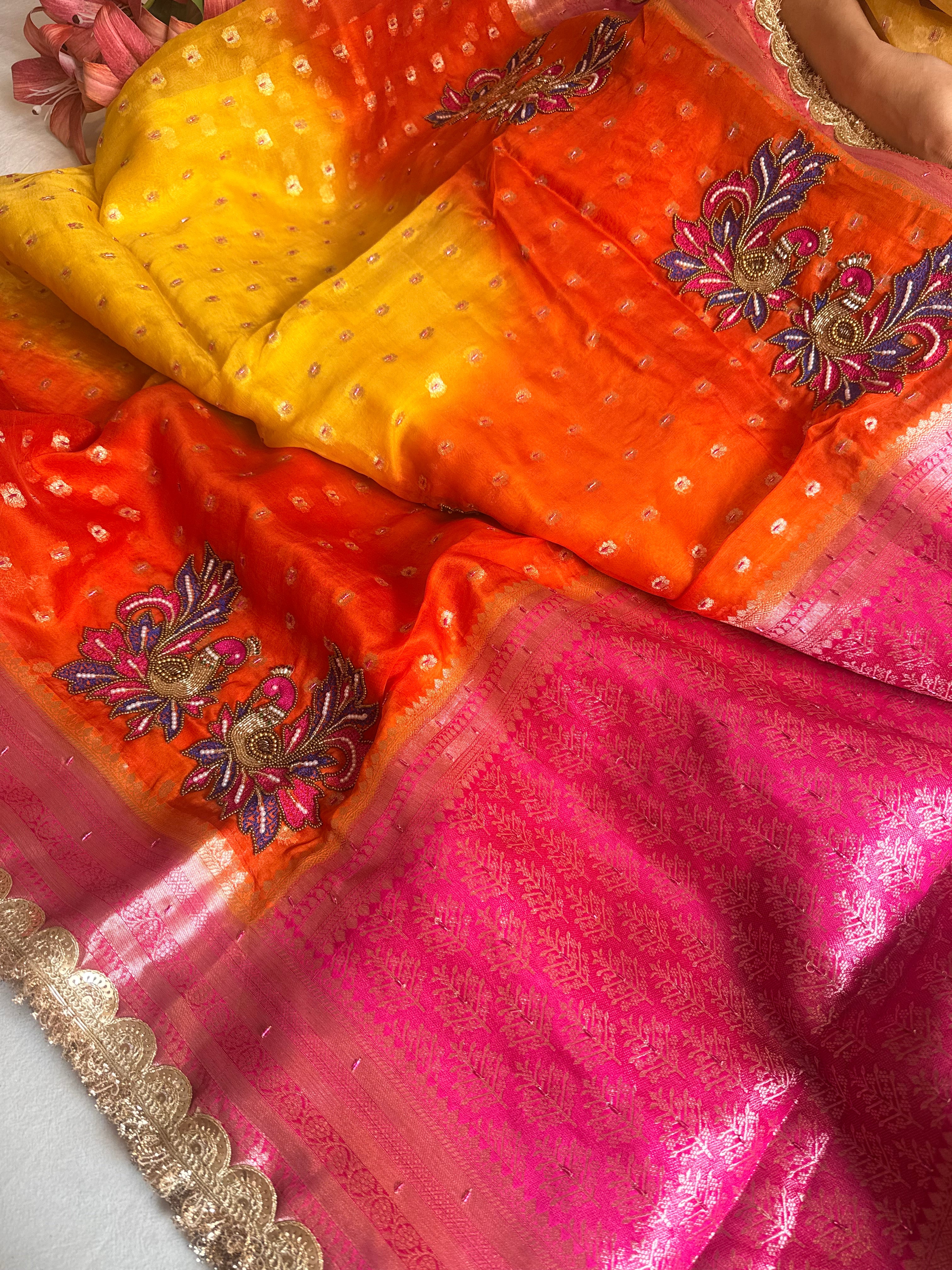 Ombre shaded kora silk kadhwa buti peacock motif hand embroidered saree