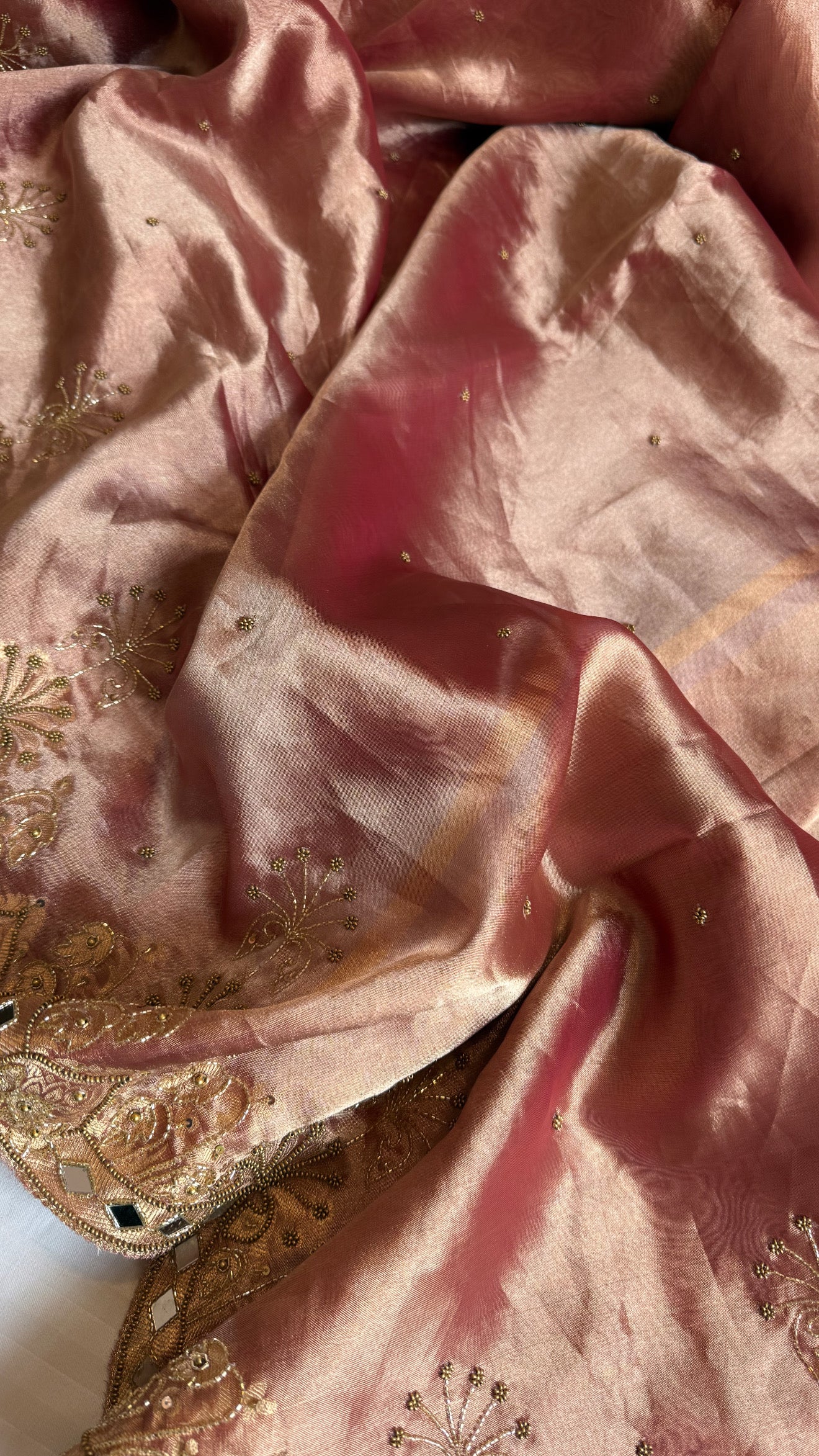 Husn cherry pink tissue silk heavy hand embroidered kadhwa saree