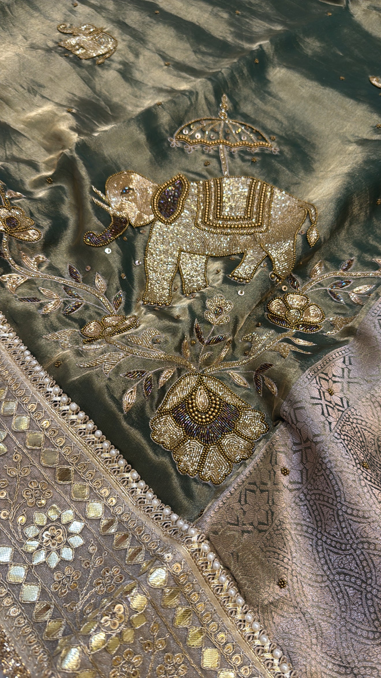 Varmala wali saree - Mint green elephant motif heavy tissue silk hand embroidered saree