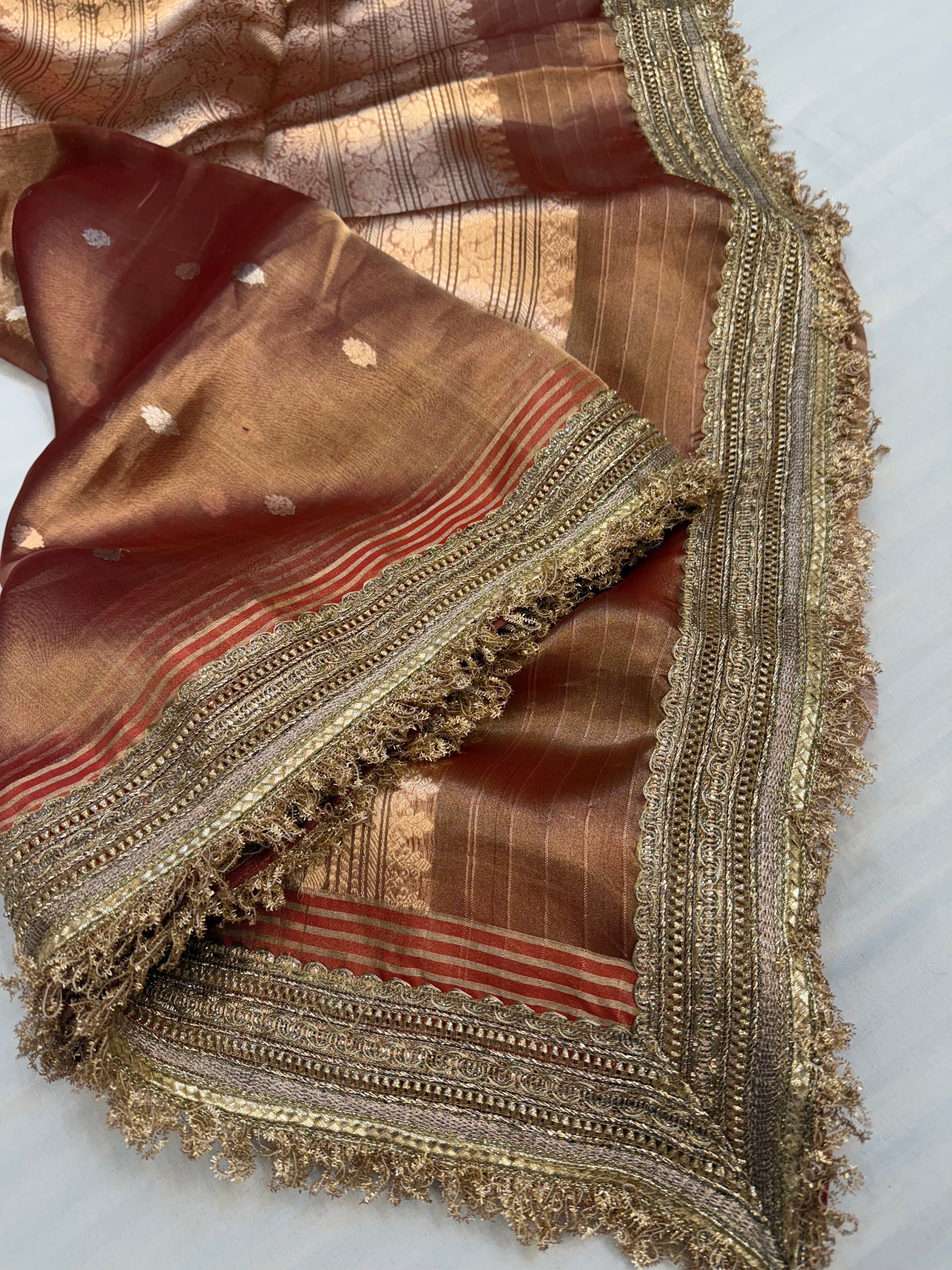 Burnt red maharani tissue silk kadhwa buti saree