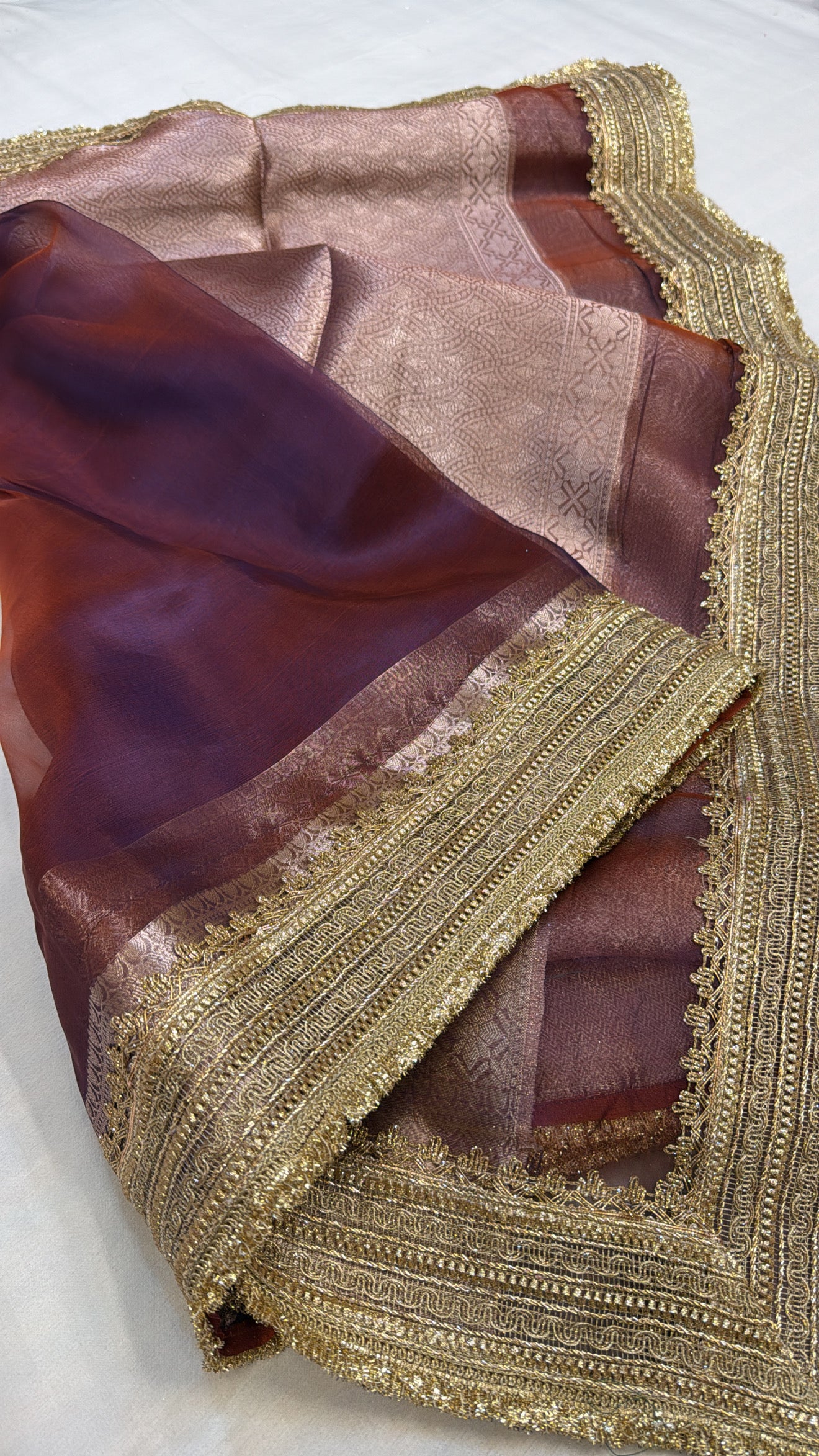 Maharani metallic purple dhup chao effect tissue silk saree