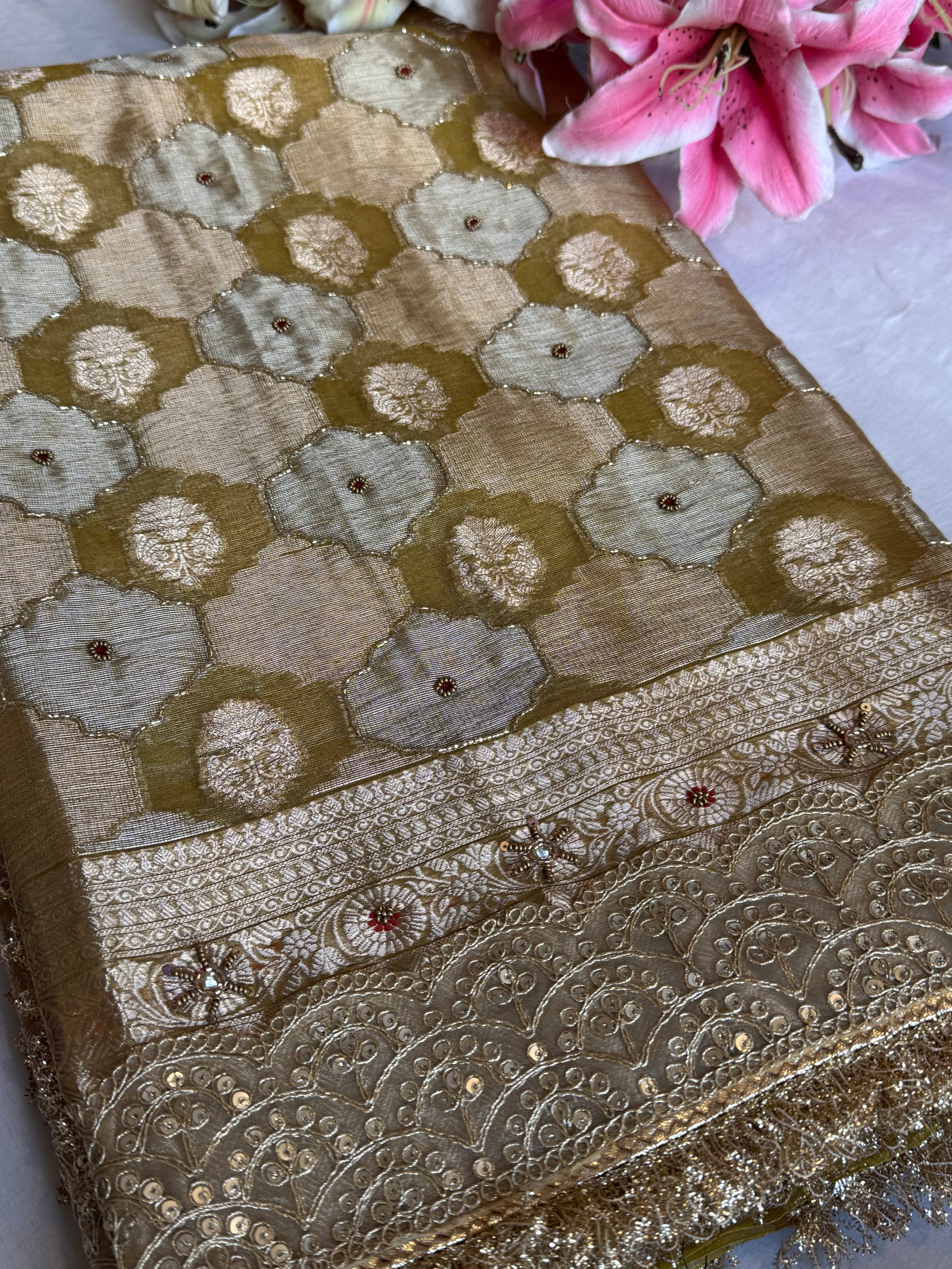 Mughalai jaal crushed tissue silk hand embroidered kadhwa dusty golden saree