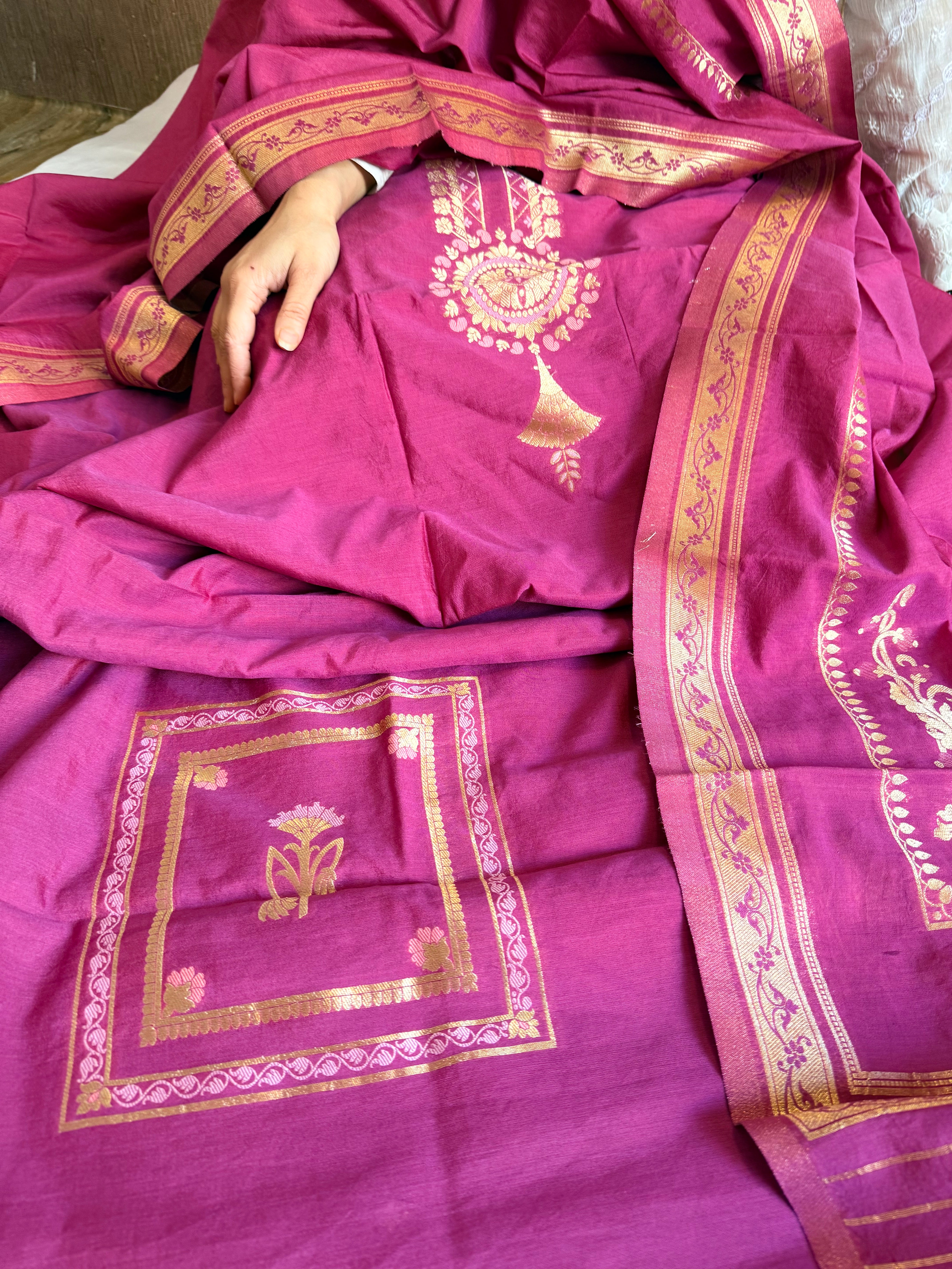 Below 10k - Mughal design inspired cotton silk banarasi suit set