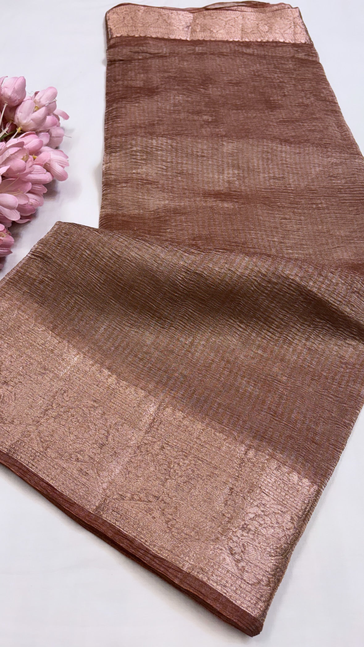 Pure banarasi mud brown crushed tissue silk handwoven kadhwa saree with intricate border and kadhwa blouse