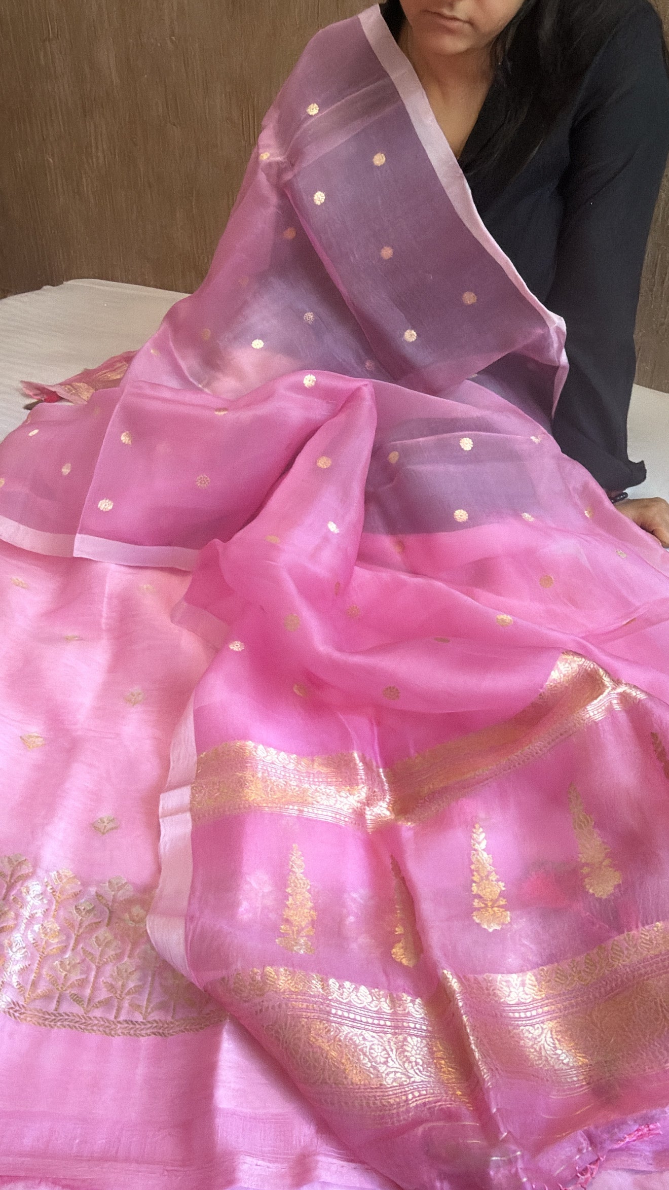 Blush pink linen gorgette heavy daman work kadhwa suit set with kora duppata