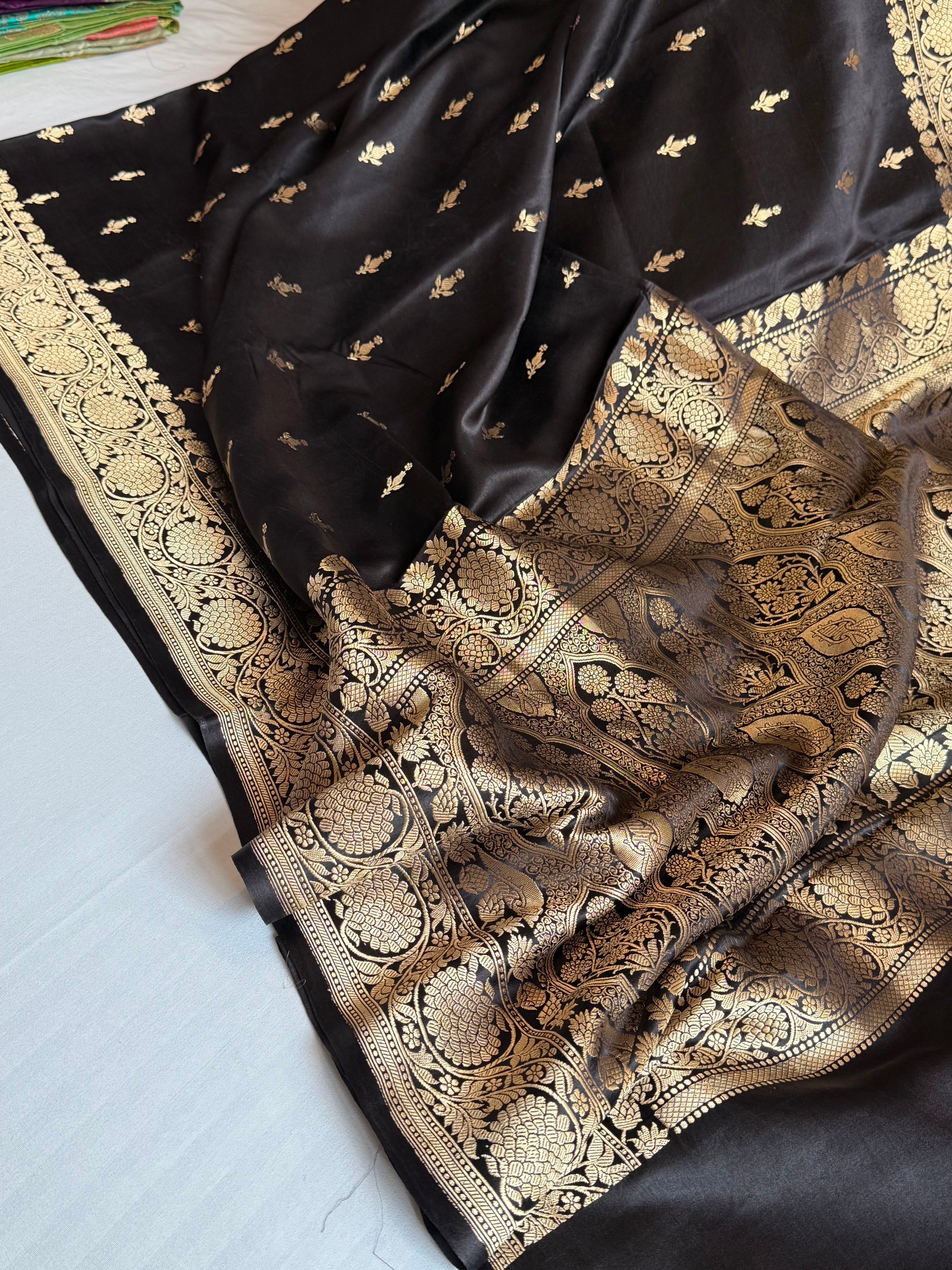 Jet black banarasi mashru silk kadhwa buti saree