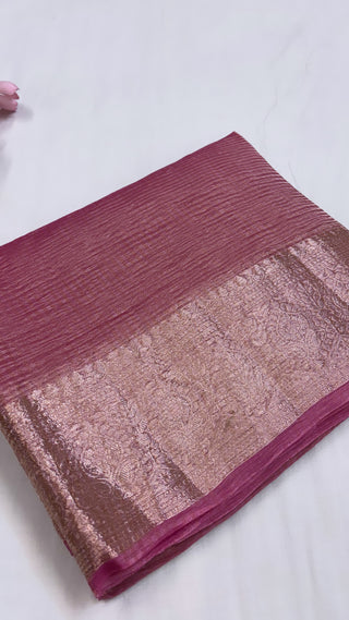 Pure banarasi peachish pink crushed tissue silk handwoven kadhwa saree with intricate border and kadhwa blouse