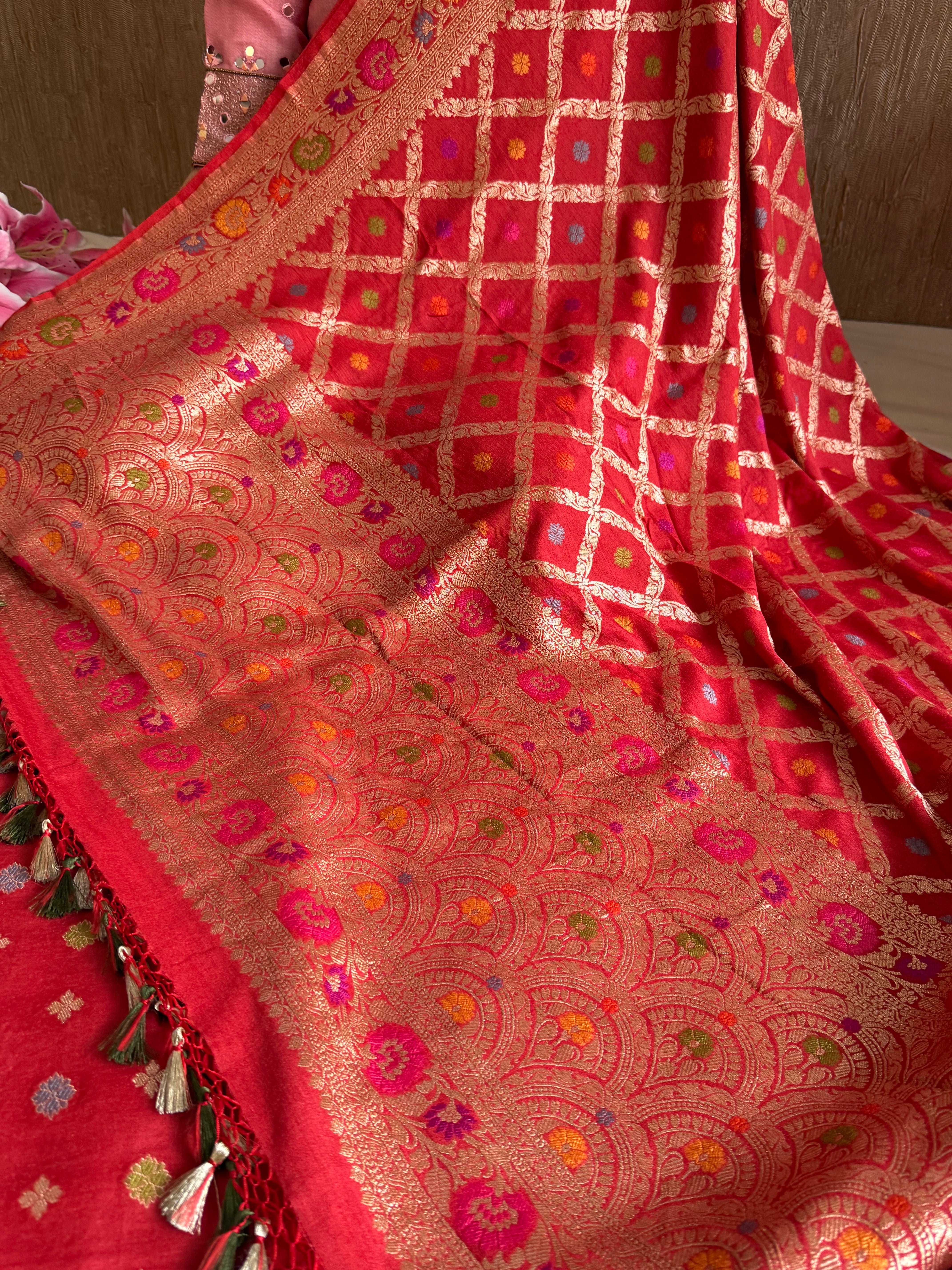 Moonga silk meenakari chaukadi duppata kadhwa jungla suit set