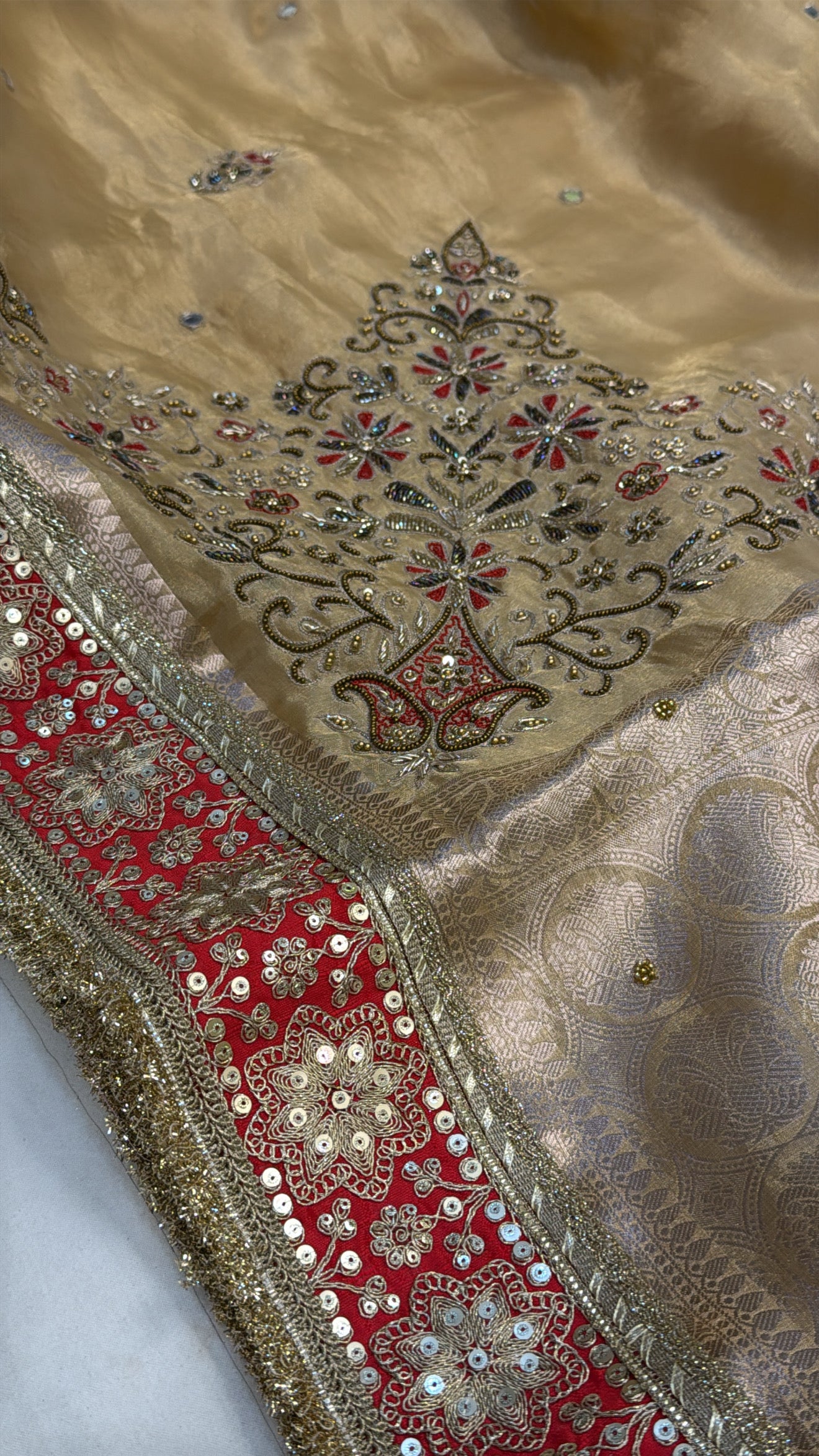 Golden with red meenakari husn tissue silk hand embroidered saree