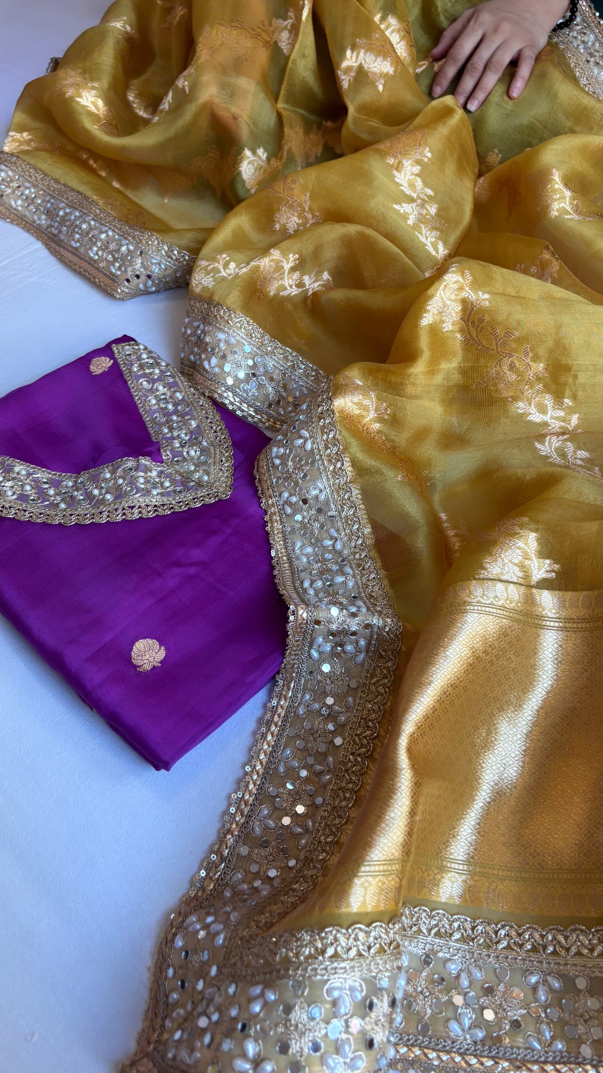 Banarasi purple-olive gold kora silk gotapatti kadhwa suit sets