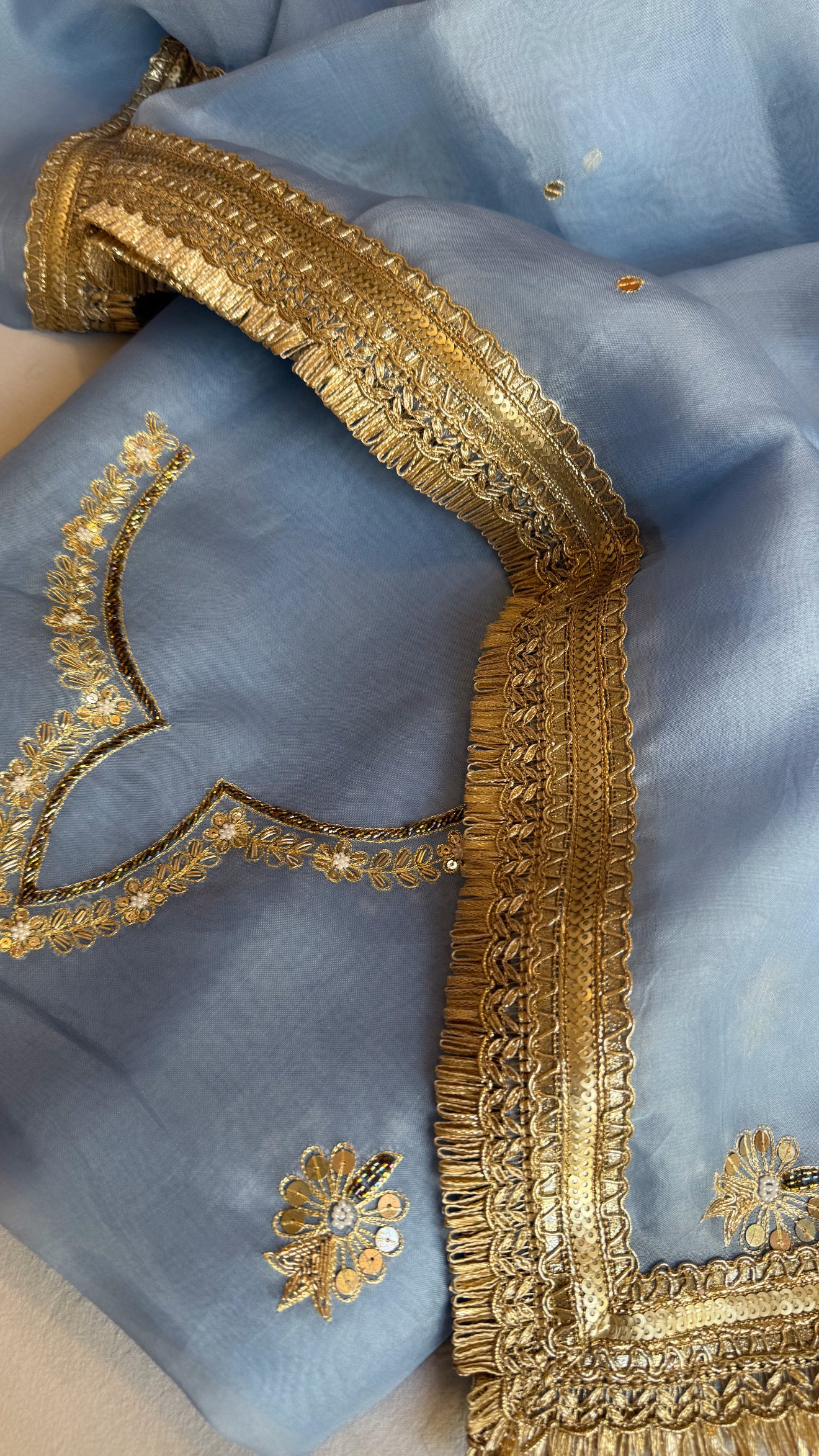 Aari and tilli hand embroidered kora silk water blue kadhwa suit set