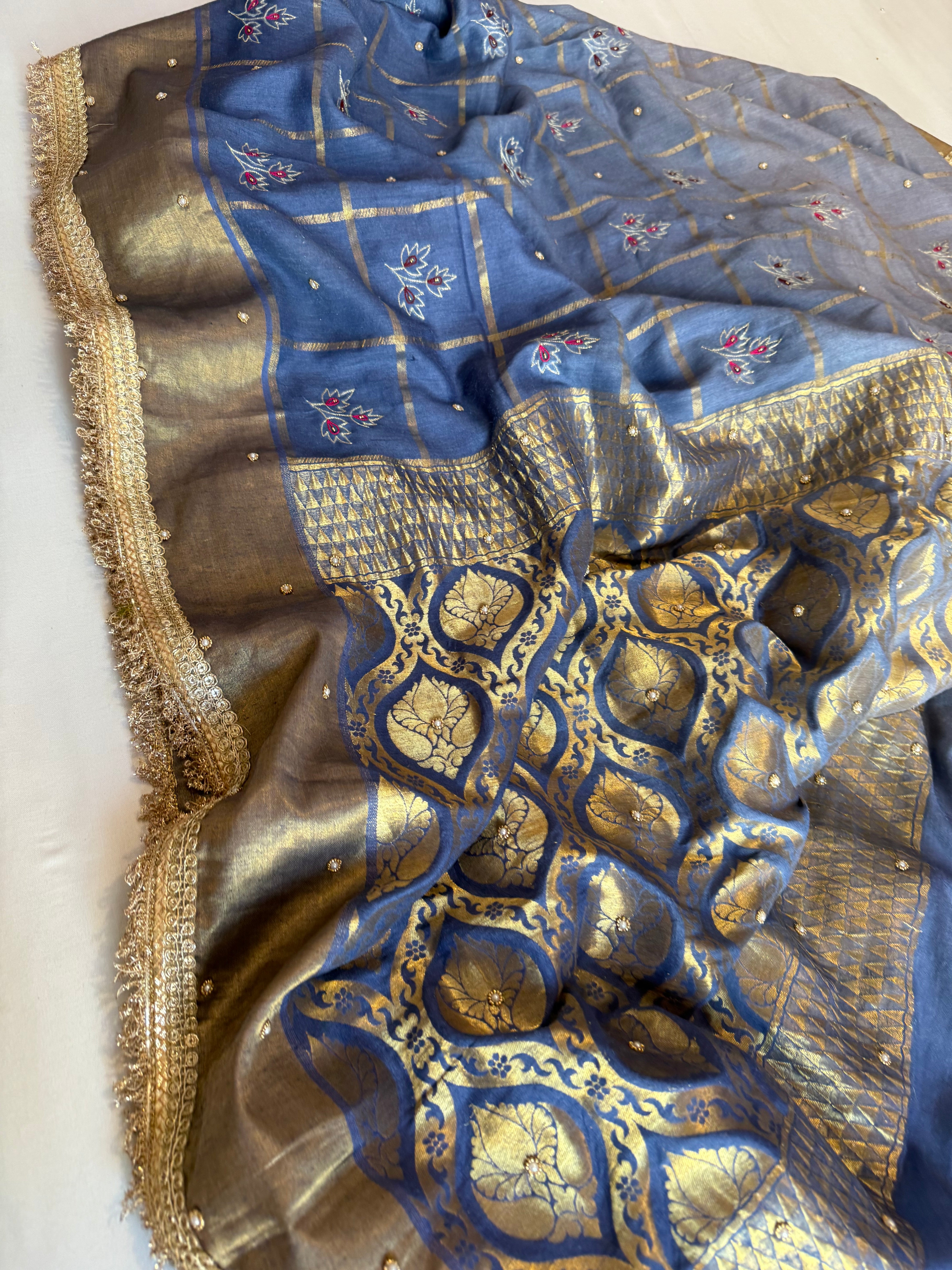 Mastani edit - Aqua blue ombre shaded moonga silk kadhwa hand embroidered saree