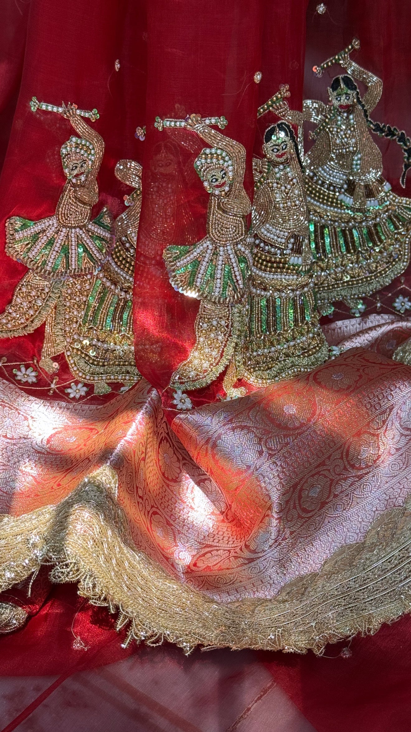 Dandiya wali laal saree - blood red garba theme hand embroidered kadhwa tissue silk saree