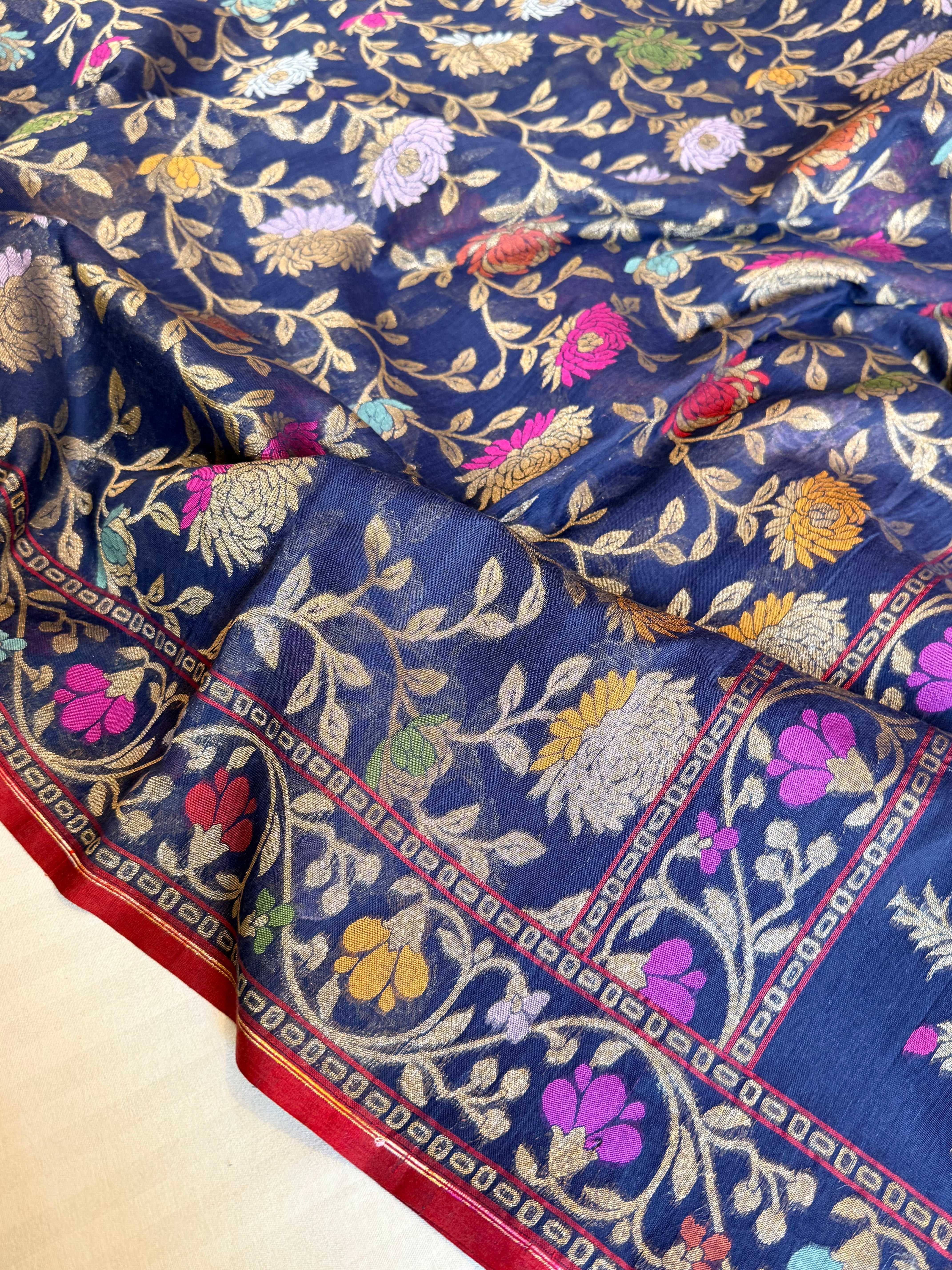 Iktara banarasi cotton jamdani navy blue meenakari saree