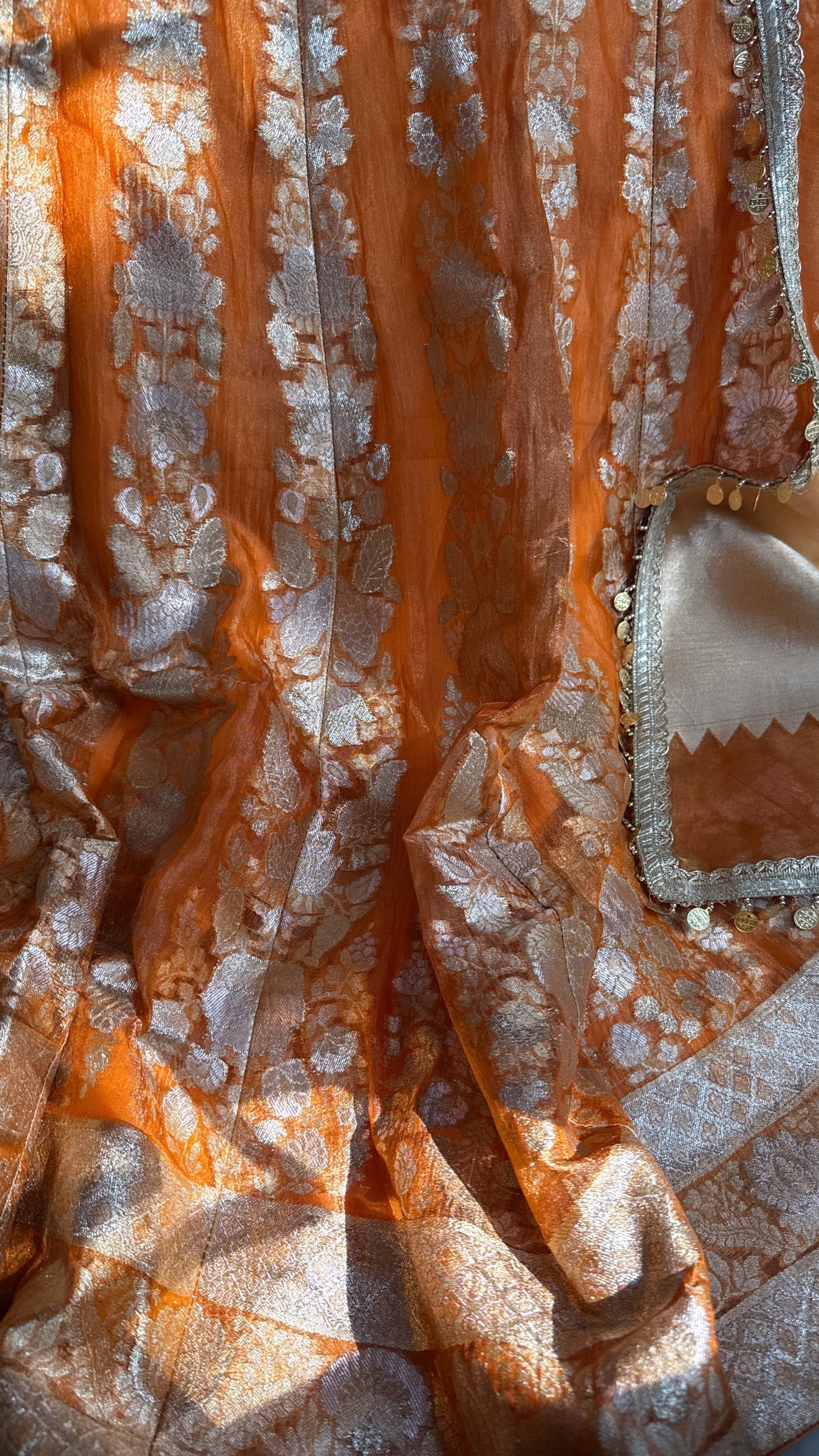 Fanta orange tissue silk kali wala lehenga set
