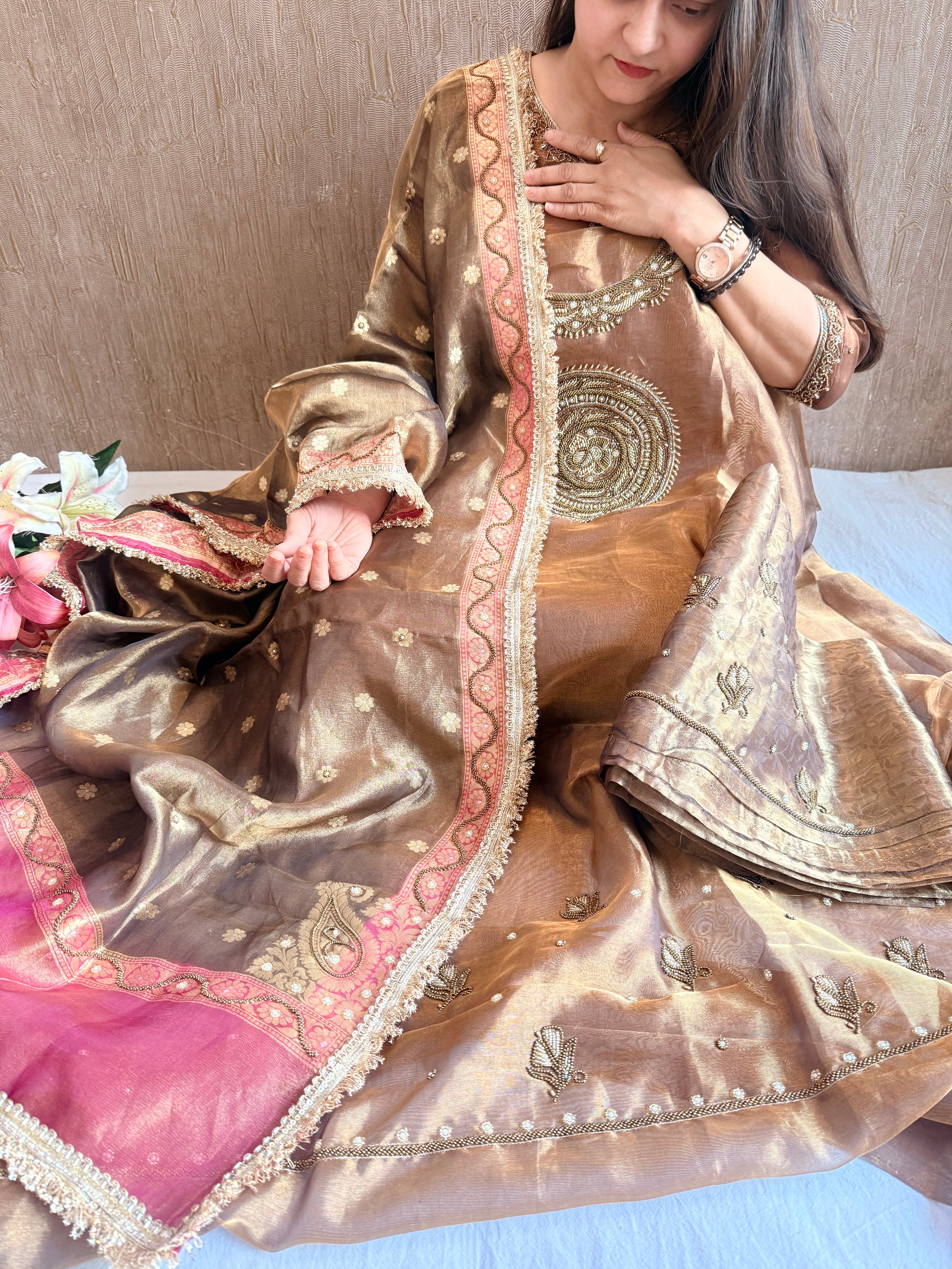 Jahnvi kapoor inspired mandala design molten brown tissue silk suit set