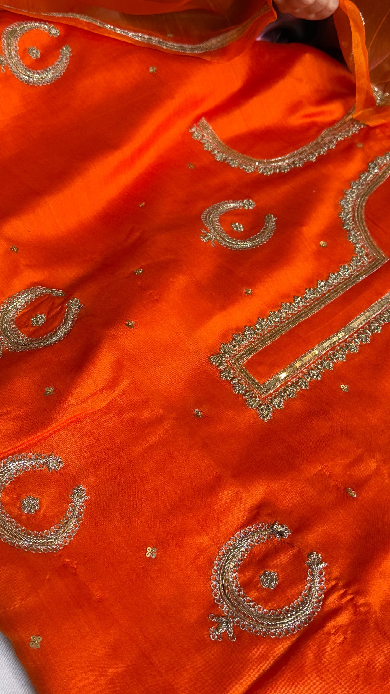 Fanta orange chand-buta chiniya silk kadhwa hand embroidered kurta paired with kora silk hand embroidered duppata set
