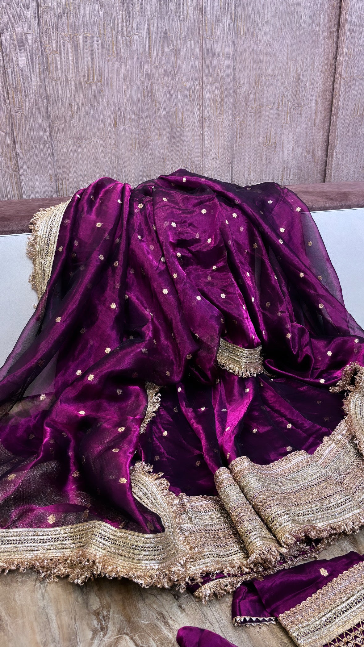 Mastani magenta pink tissue silk kadhwa buti dhup chao effect lehenga set