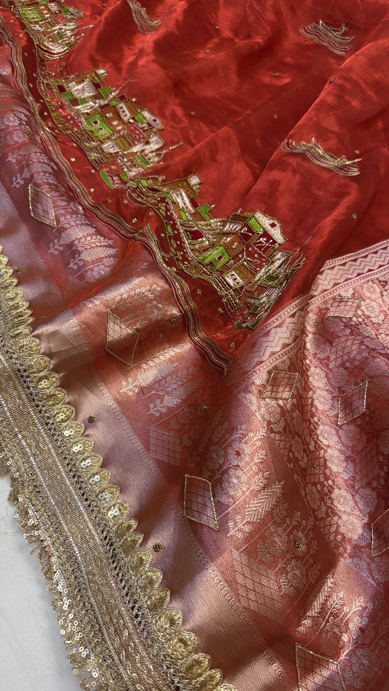 Bridal red banarasi ghat hand embroidered husn tissue silk saree
