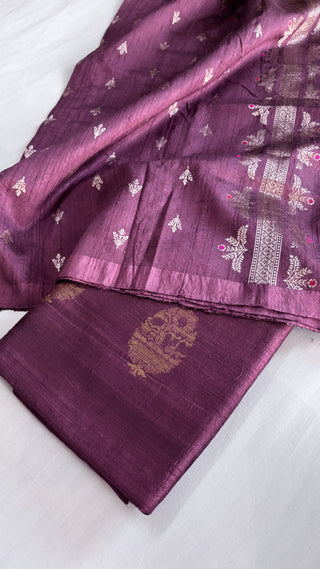 Dark plum raw silk banarasi suit set