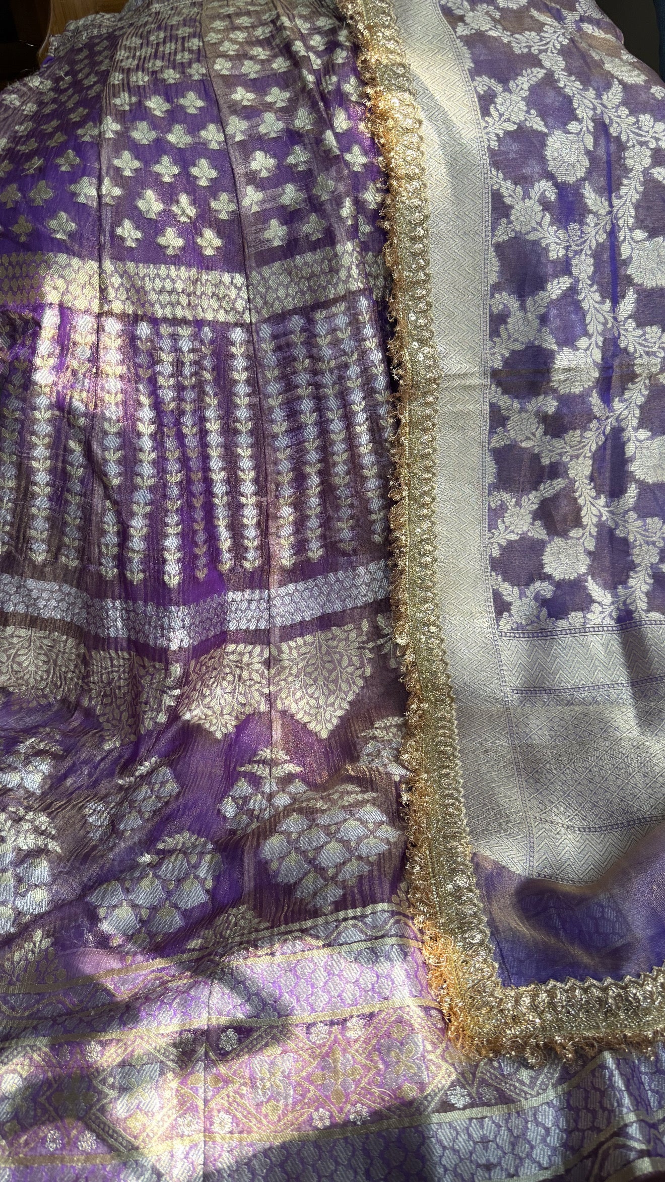 Lavender tissue silk heavy kali wala lehenga set
