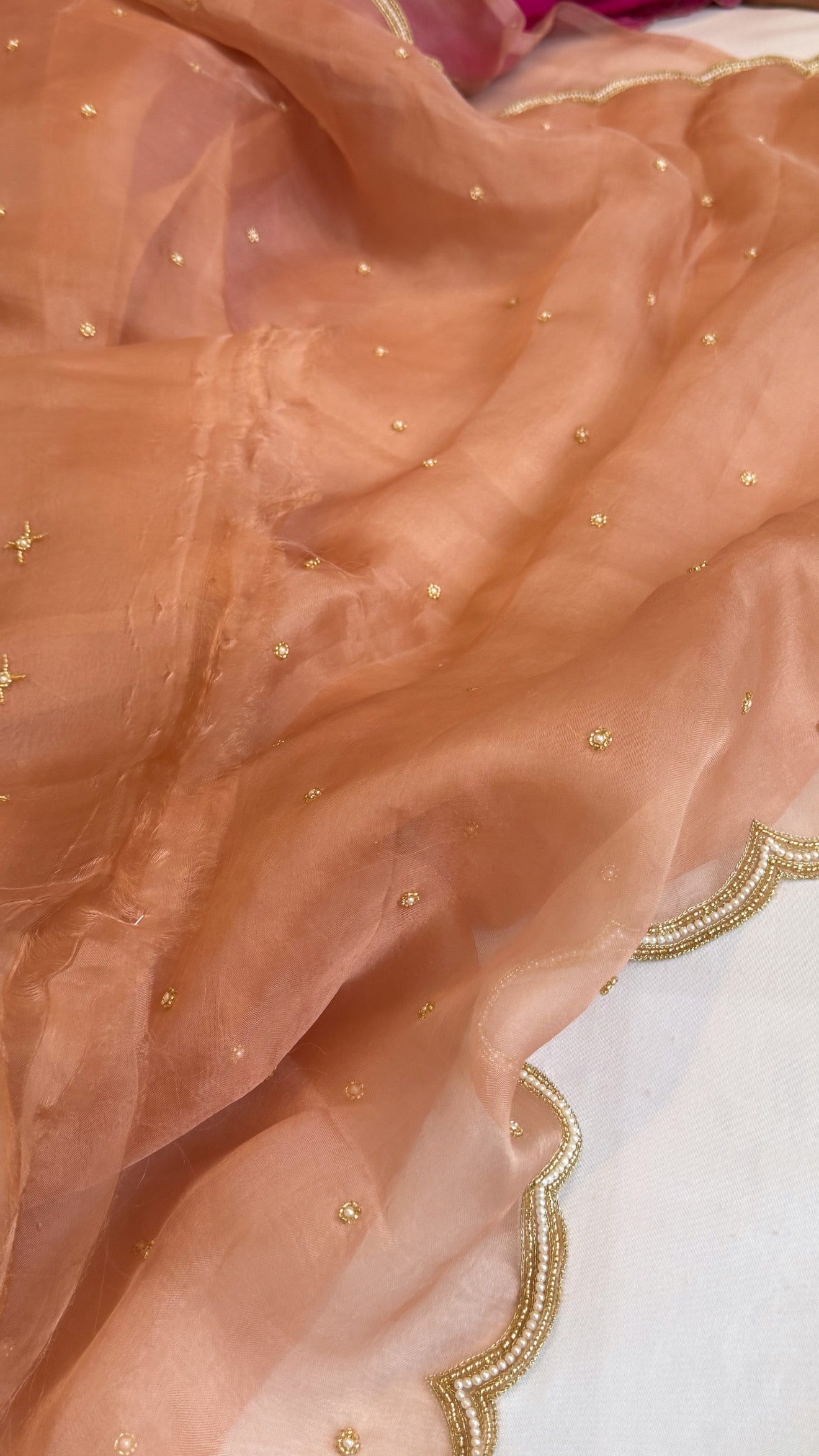 Rose gold kora silk zardozi work hand embroidered saree