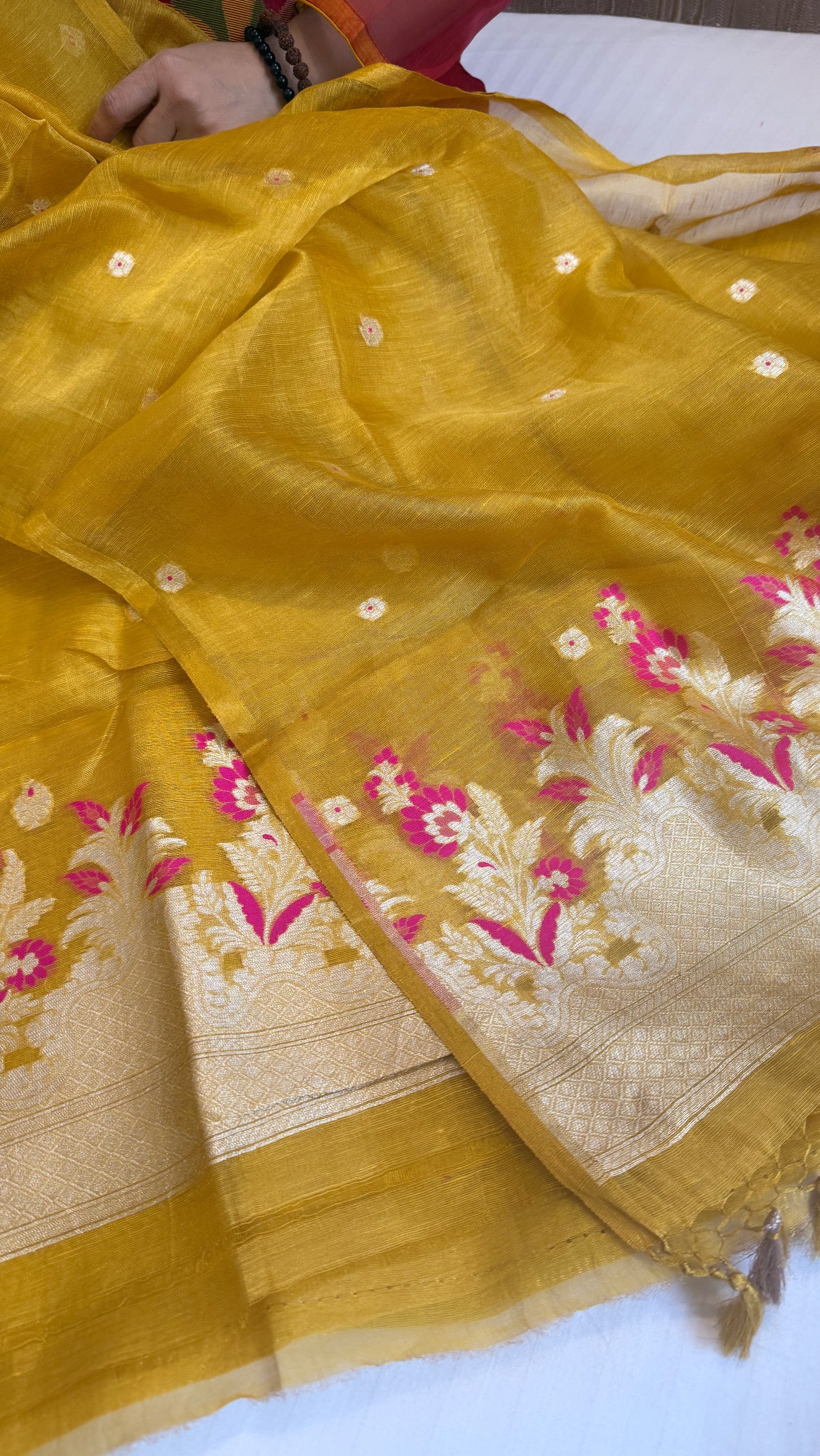 Linen tissue haldi gold meenakari kadhwa buti suit sets