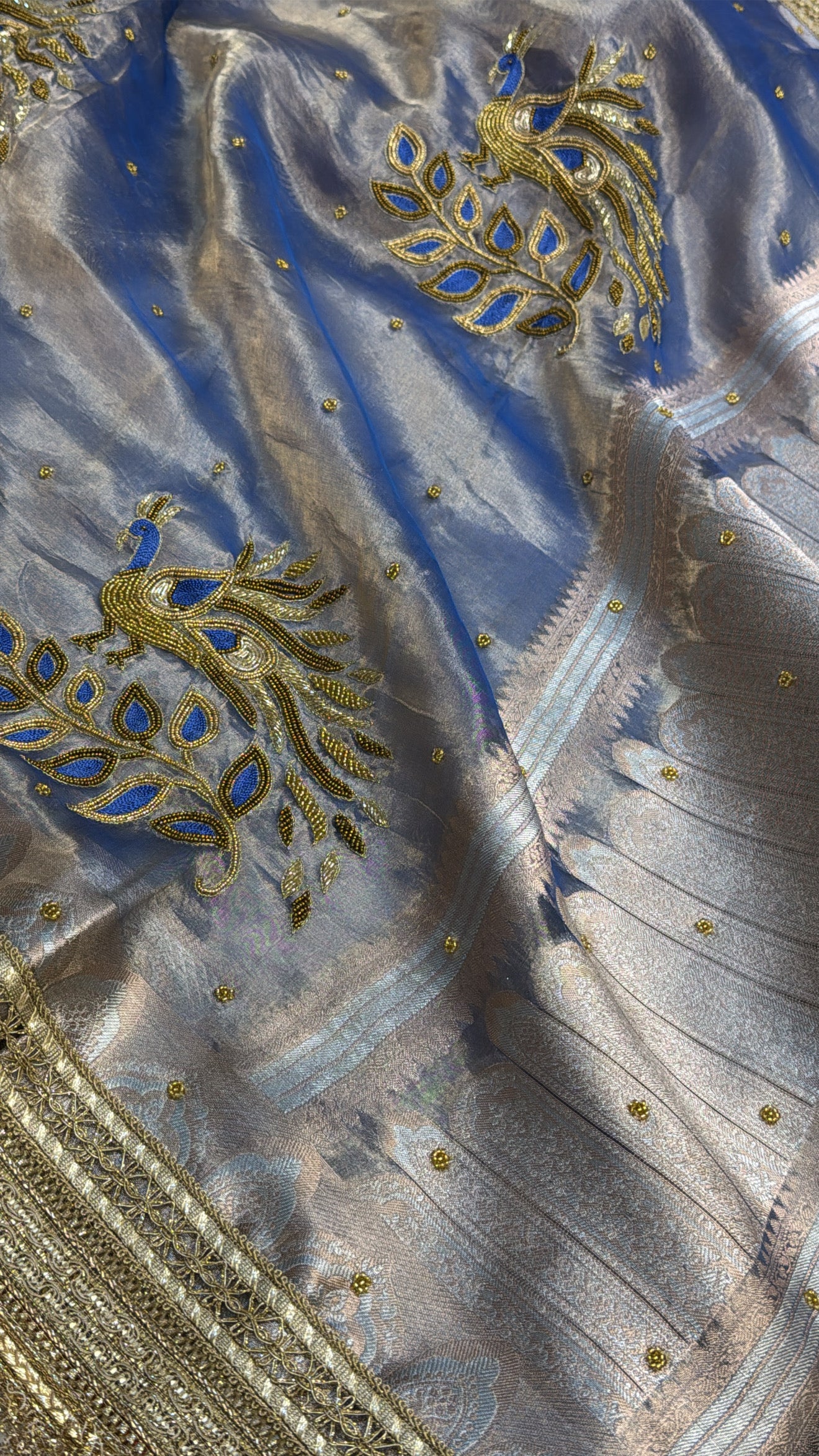 Royal ink blue tissue silk peacock motif kadhwa hand embroidered saree