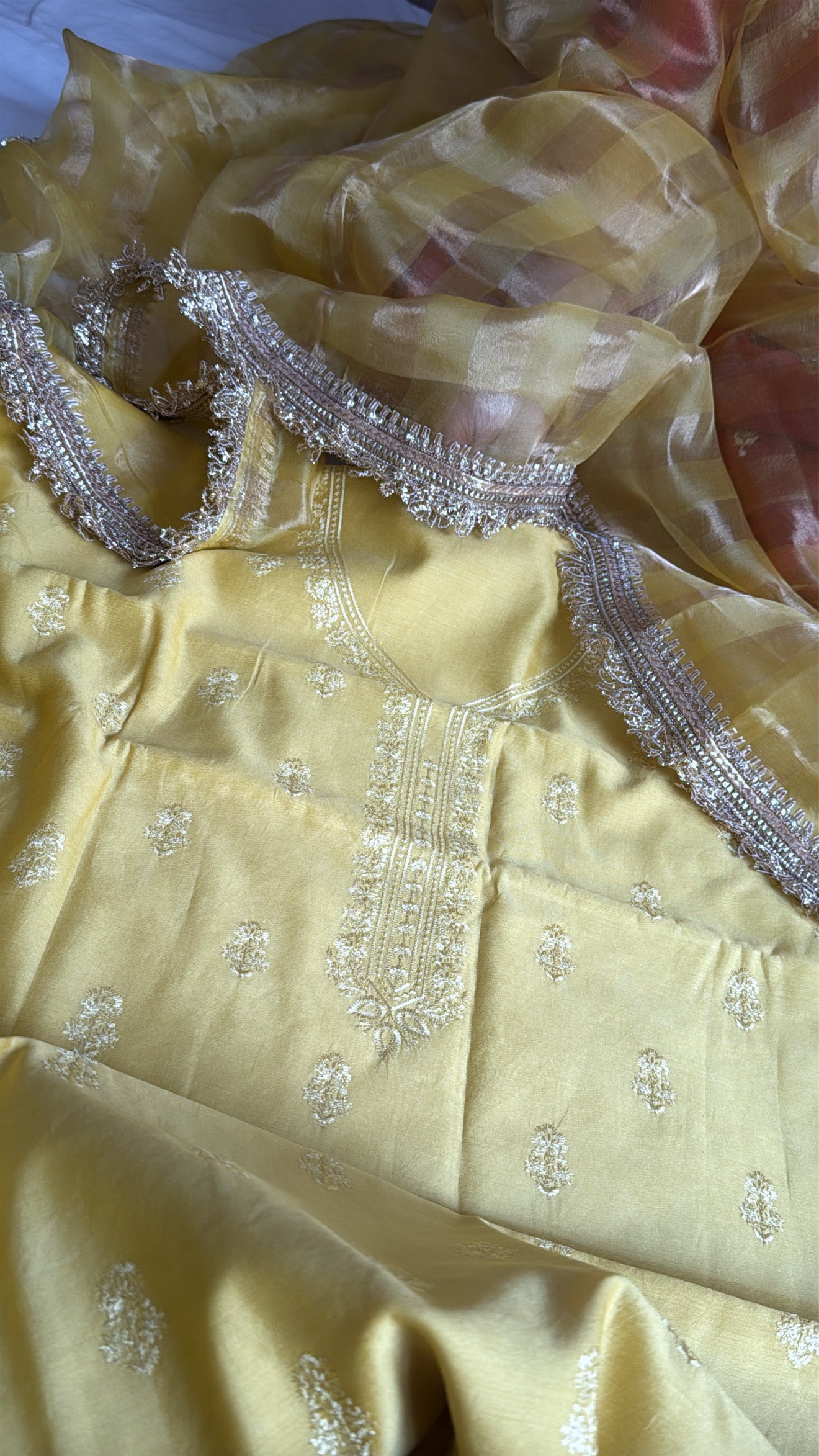 Banarasi cotton silk hand embroidered kurta paired with kora tissue striped duppata set