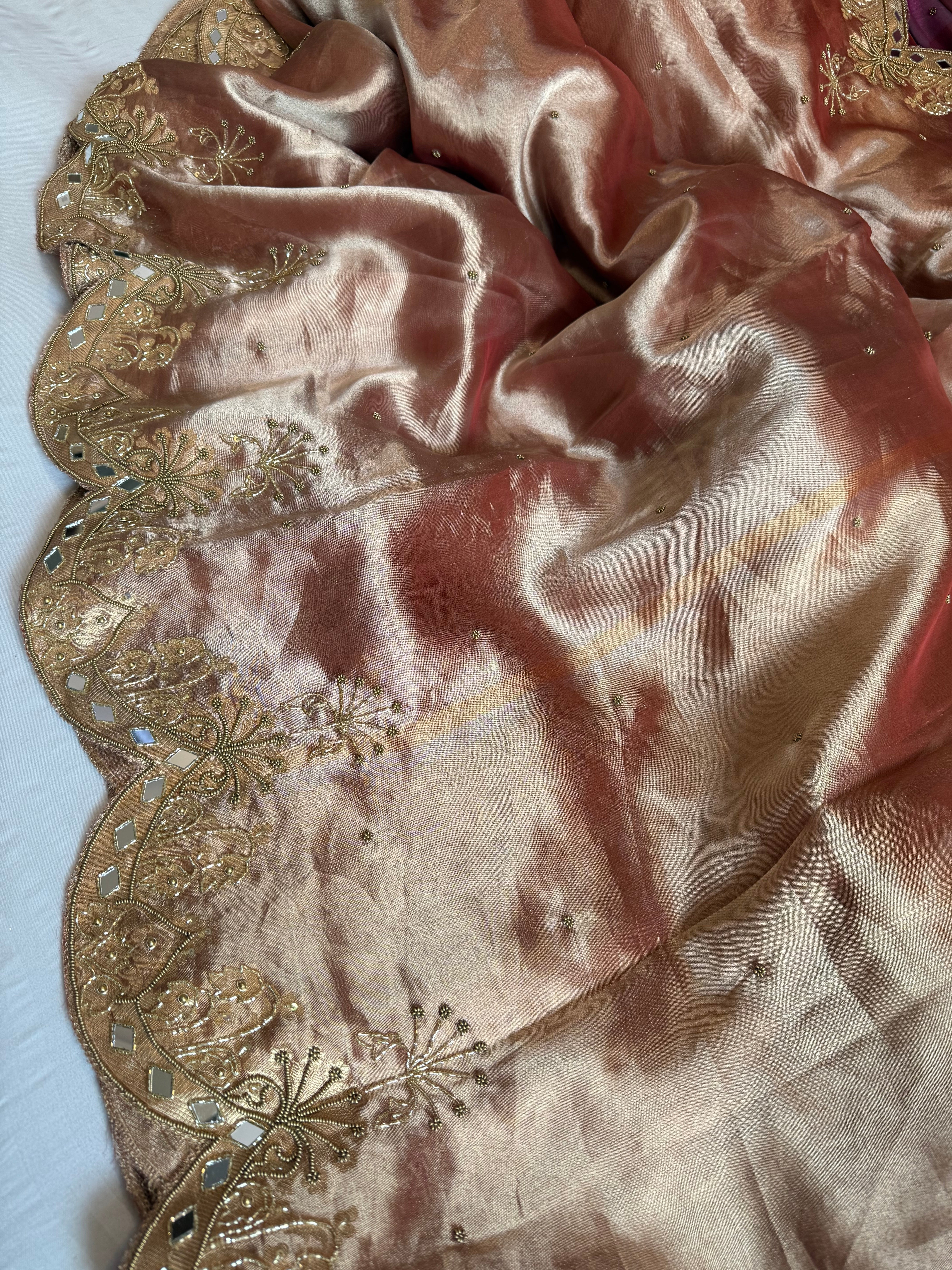 Husn cherry peach tissue silk heavy zardozi hand embroidered saree