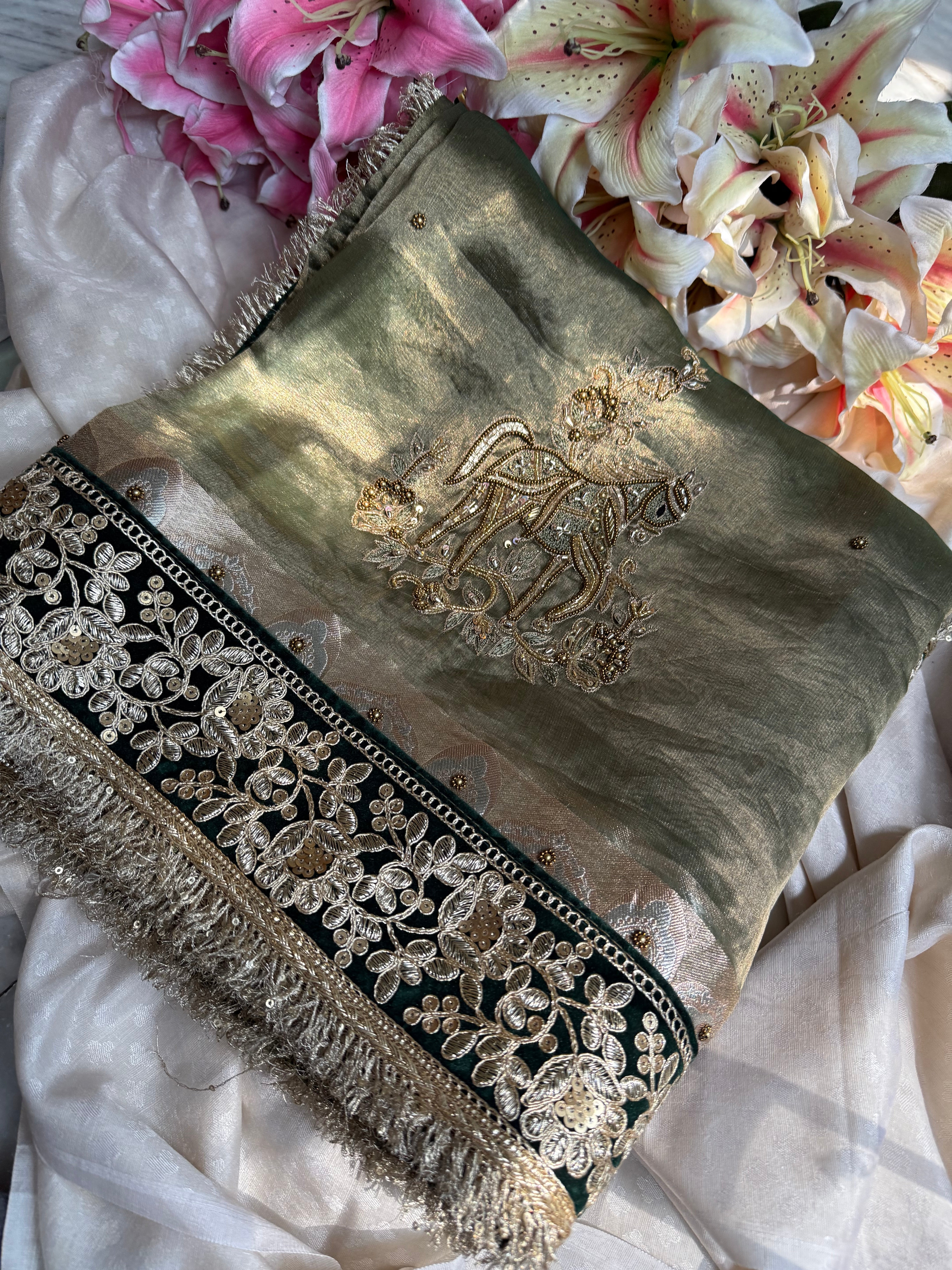 सुनहरा घोड़ा-  Royal horse motif tissue silk mint green hand embroidered saree