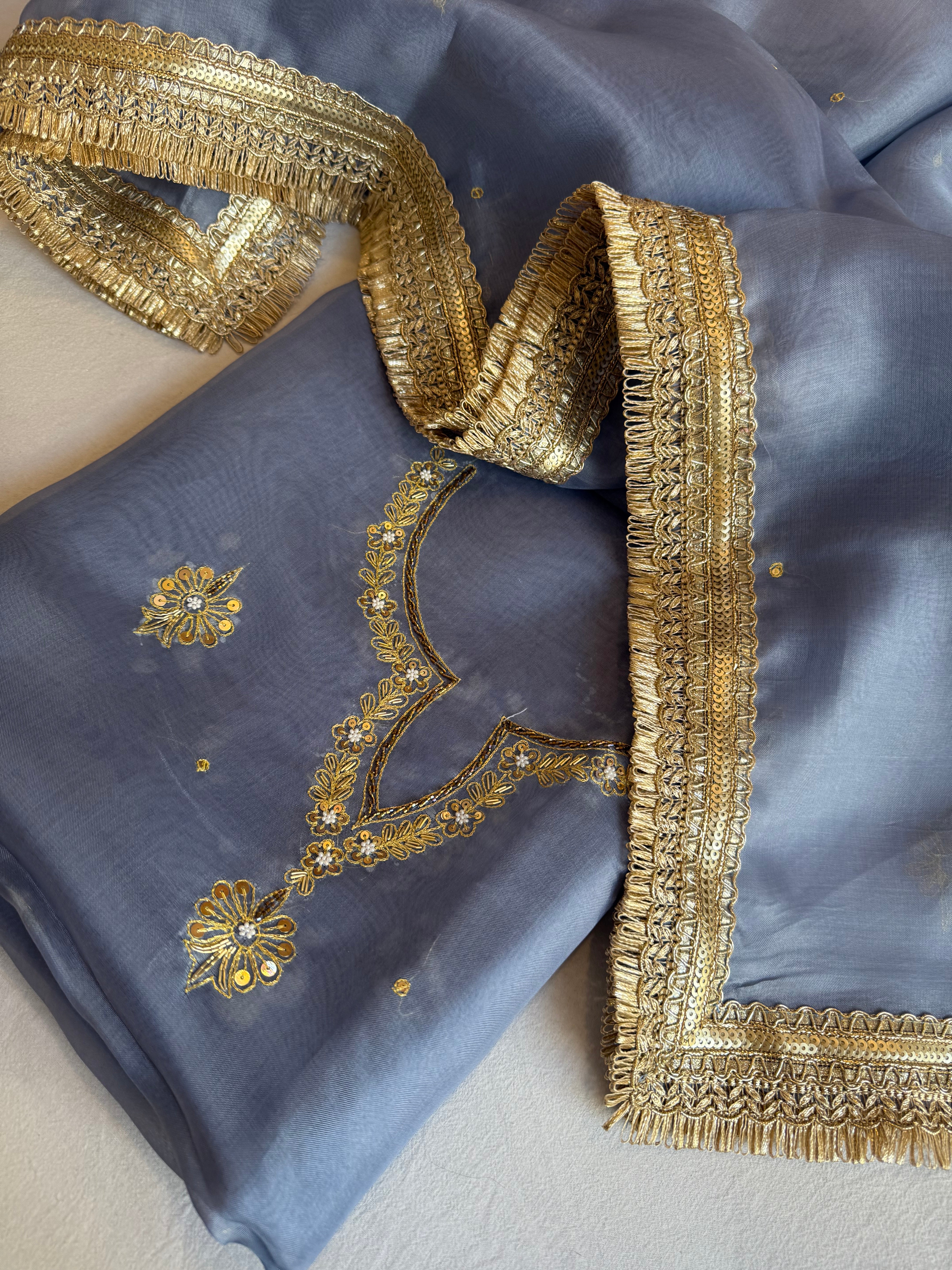 Aari and tilli hand embroidered kora silk marine blue kadhwa suit set