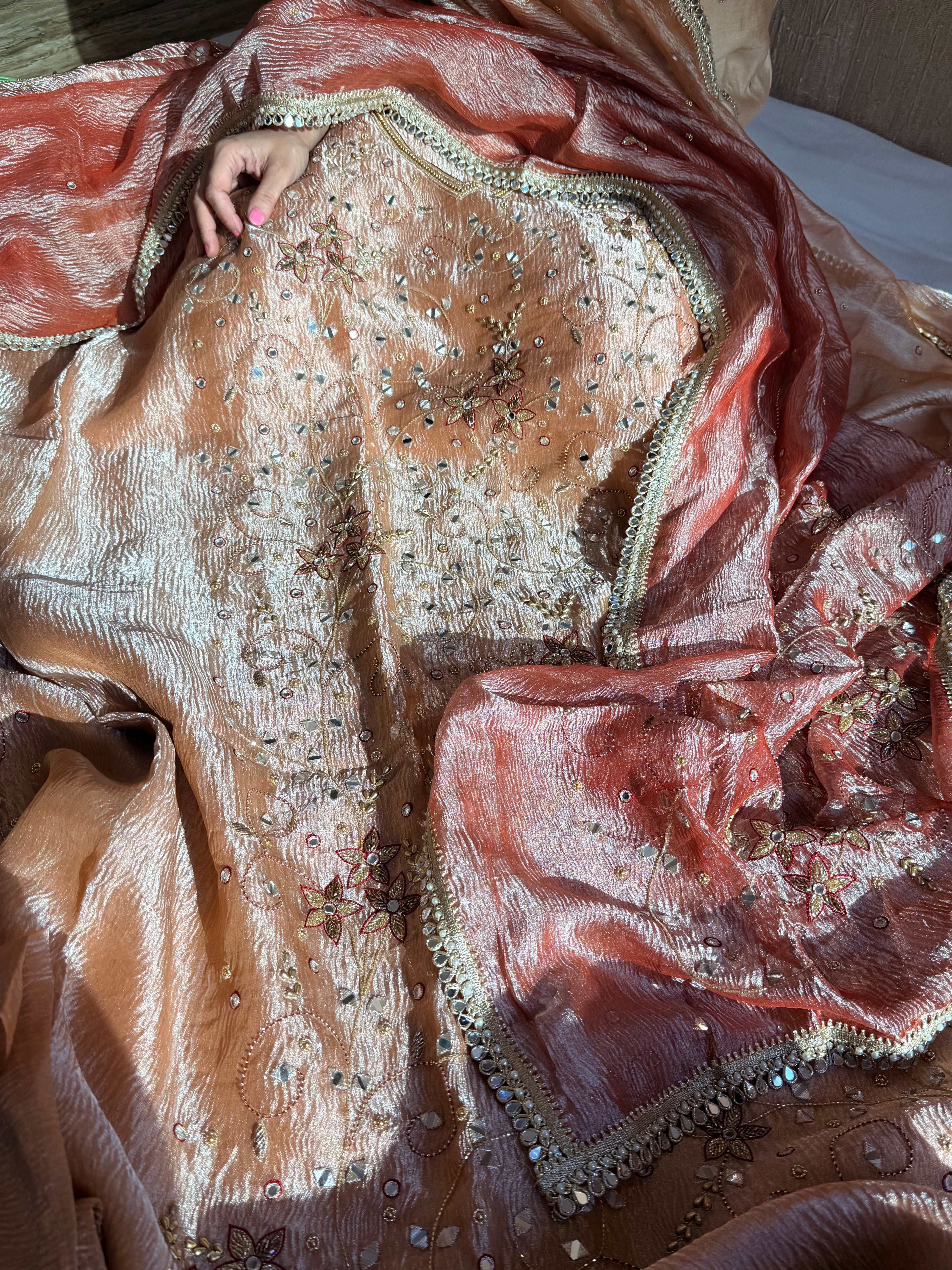 Banarasi tissue silk mirrorwork hand embroidered crushed suit sets